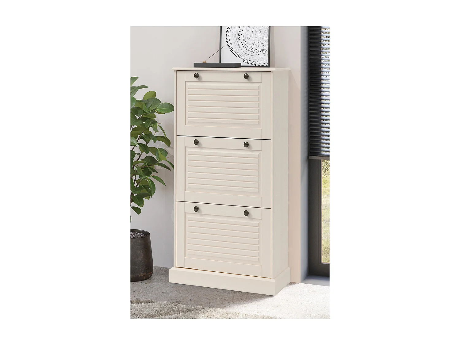 Mille | Coffre à chaussures avec 3 portes à rabat en pin blanc