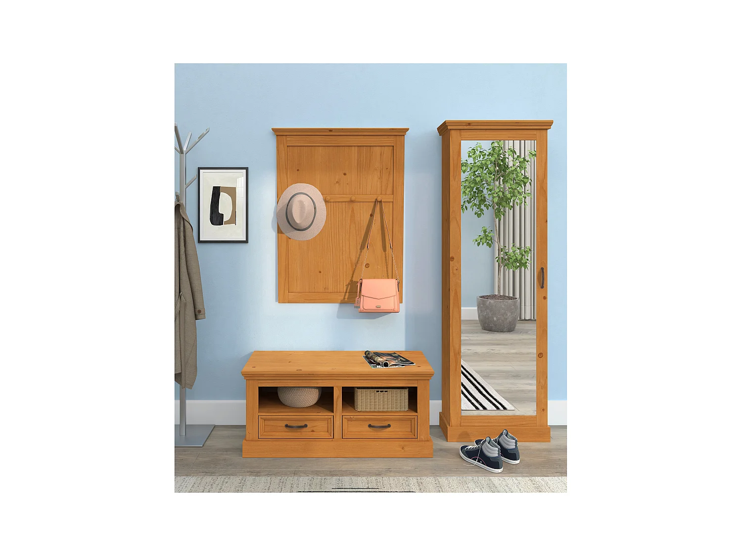 Selma | Rangement pour chaussures avec 1 porte miroir en pin