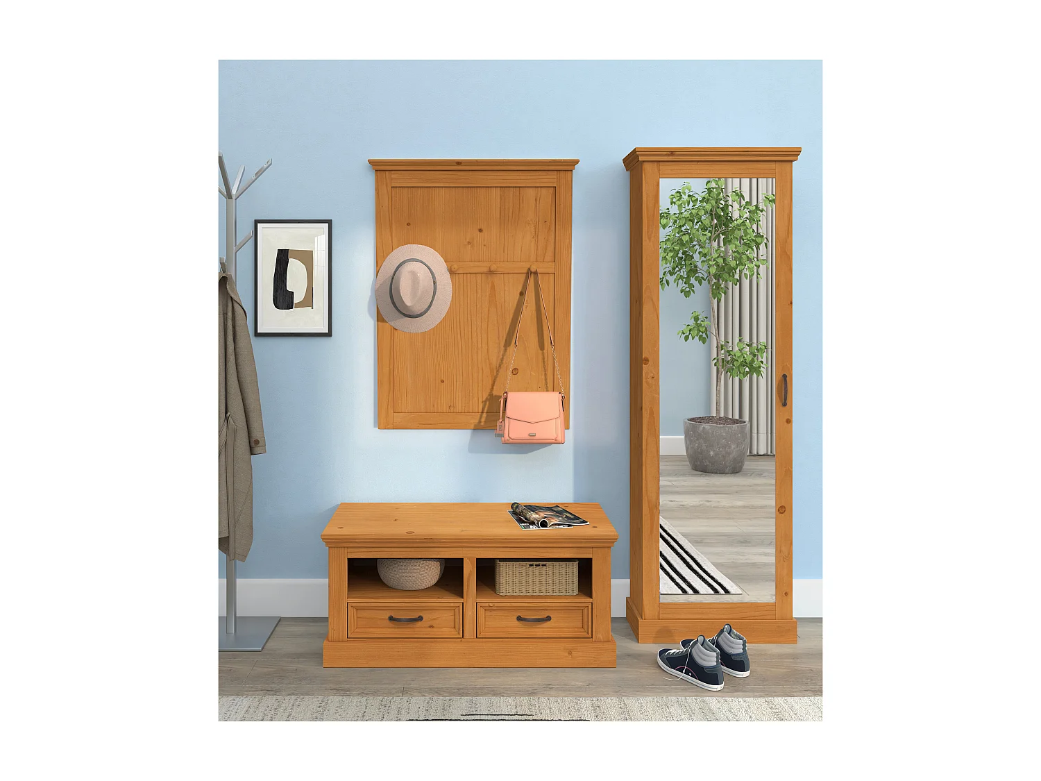 Selma | Rangement pour chaussures avec 1 porte miroir en pin