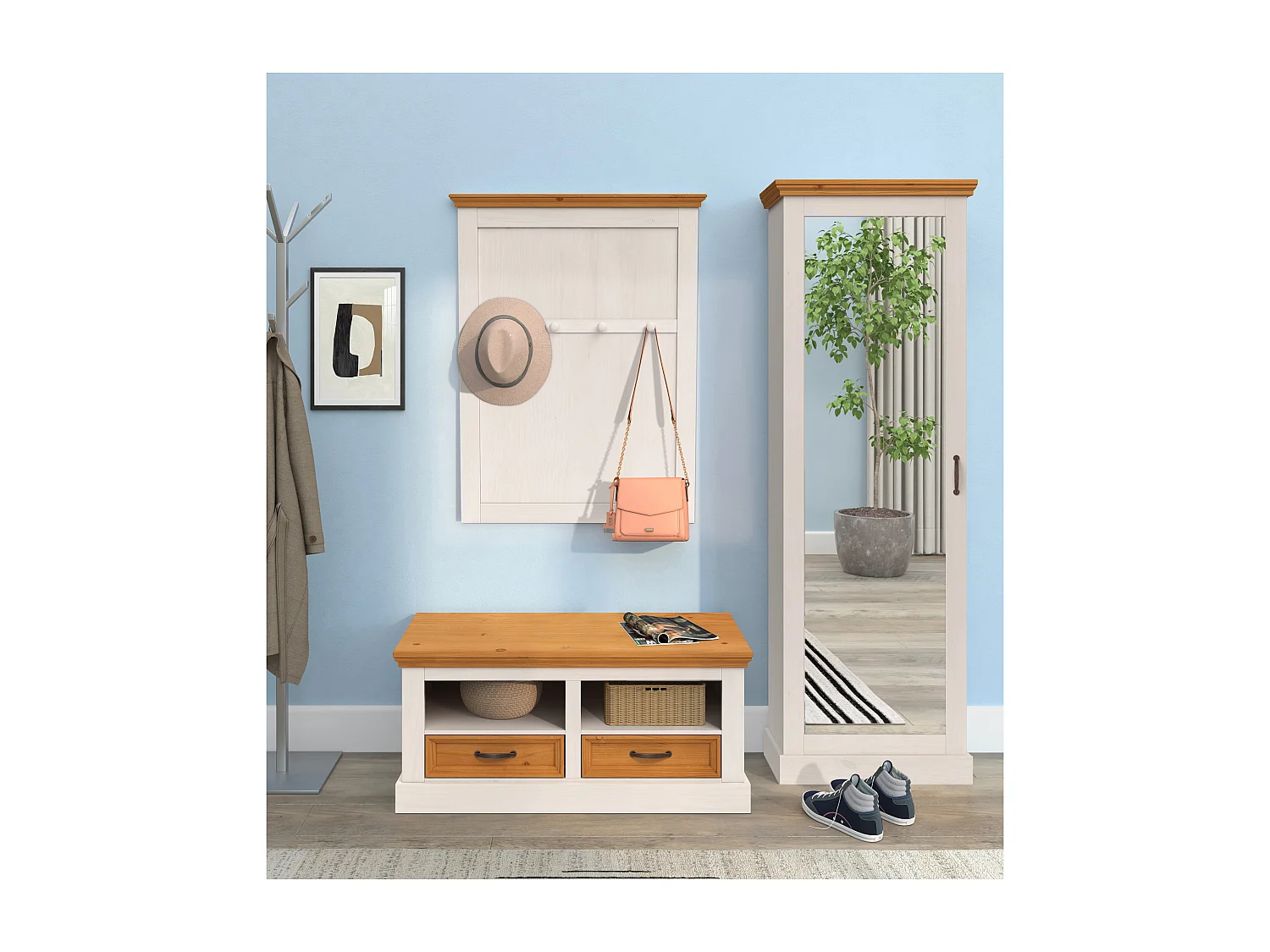 Selma | Rangement pour chaussures avec 1 porte miroir en blanc sapin