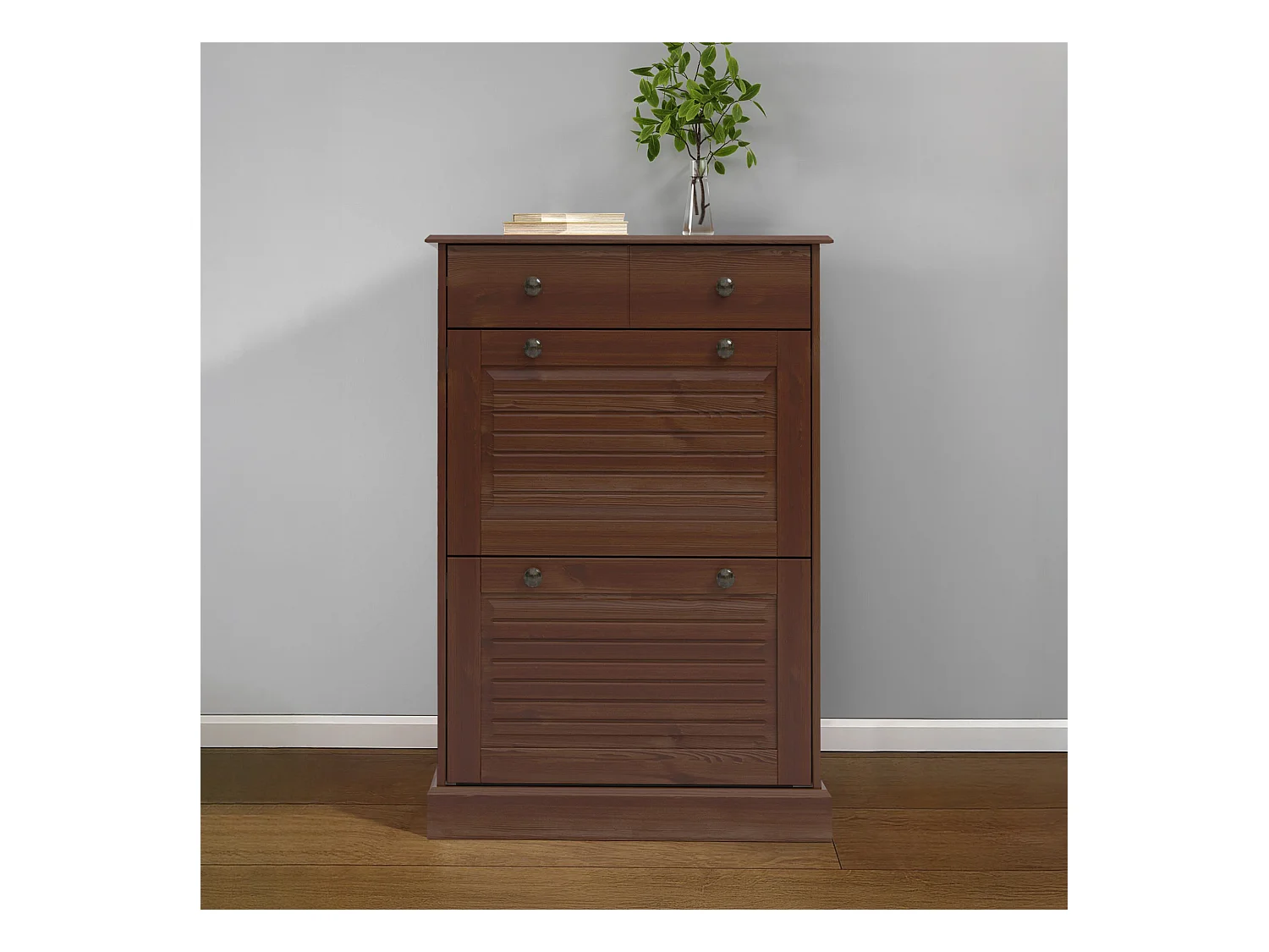 Mille | Coffre à chaussures avec 2 portes à rabat et 1 tiroir en brun sapin