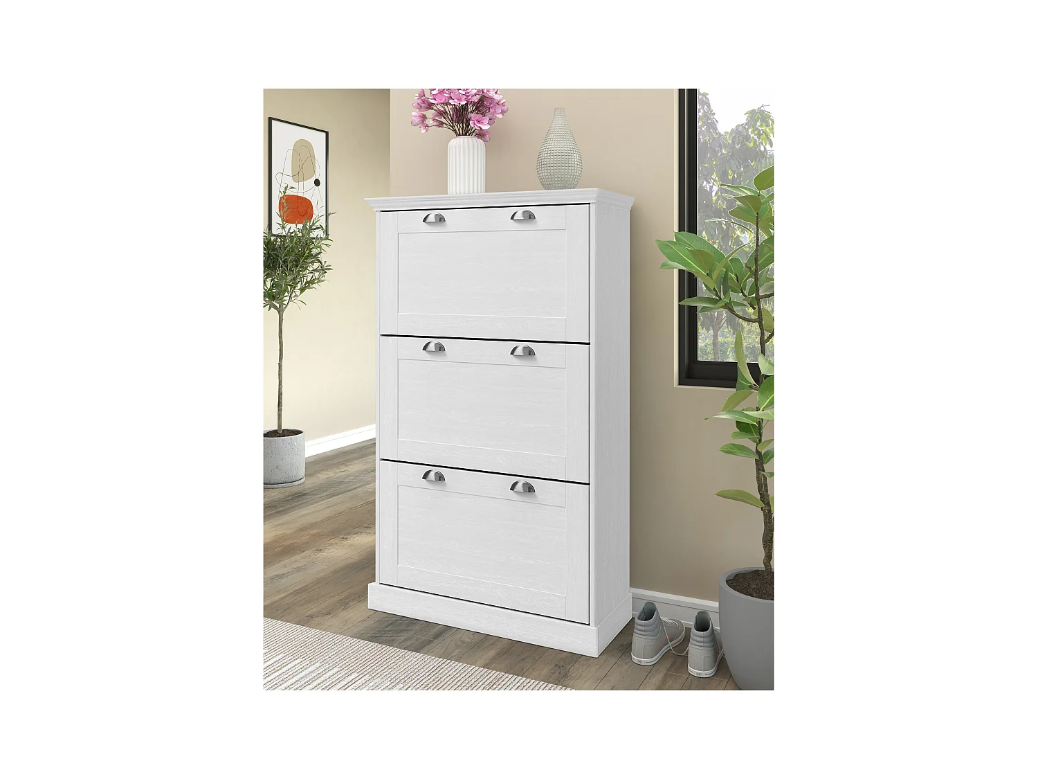 Motala | Schoenenopberger met 3 klepdeuren in houtlook wit