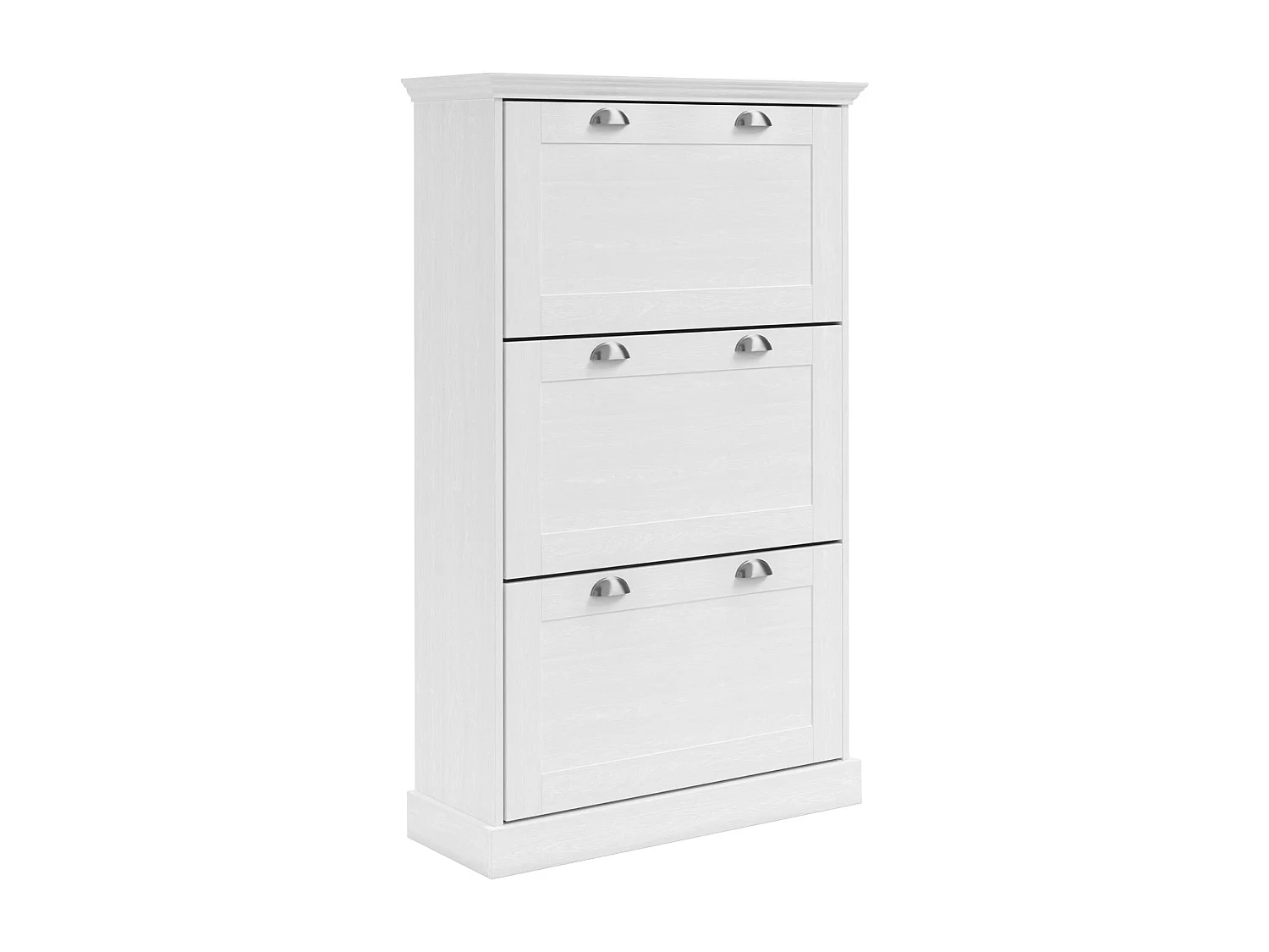 Motala | Coffre à chaussures avec 3 portes battantes en blancRangement pour chaussures avec 3 portes à rabat en aspect bois blanc