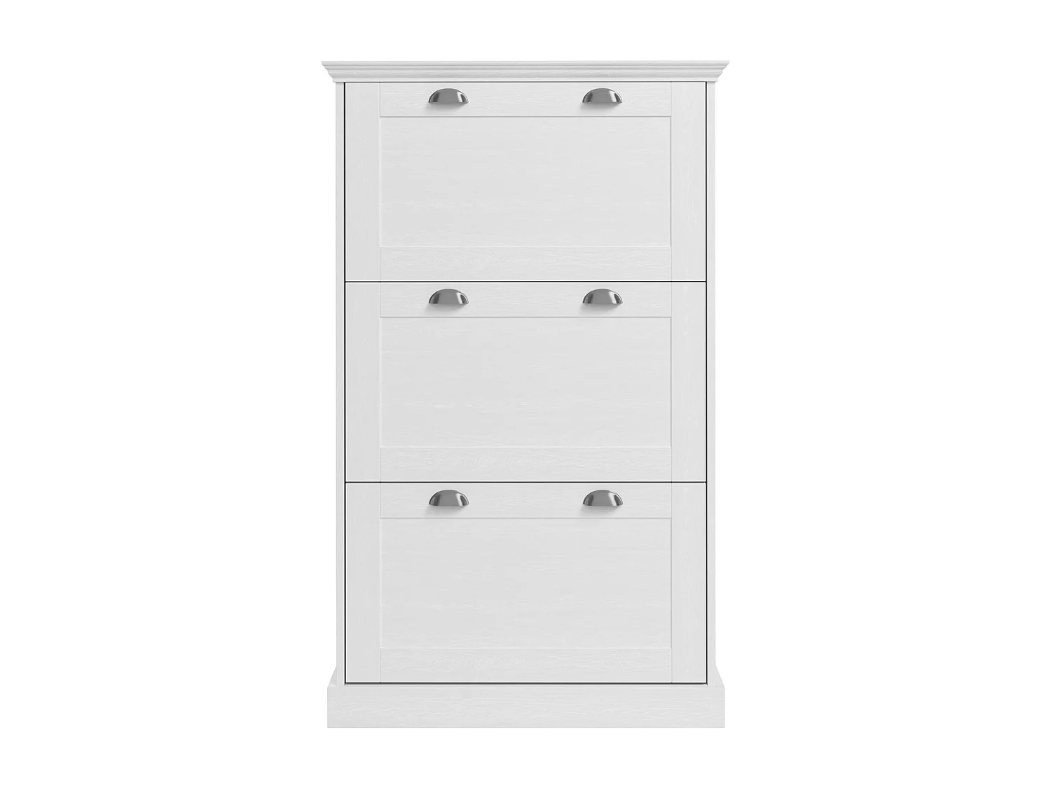 Motala | Coffre à chaussures avec 3 portes battantes en blancRangement pour chaussures avec 3 portes à rabat en aspect bois blanc