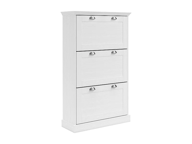 Motala | Coffre à chaussures avec 3 portes battantes en blancRangement pour chaussures avec 3 portes à rabat en aspect bois blanc