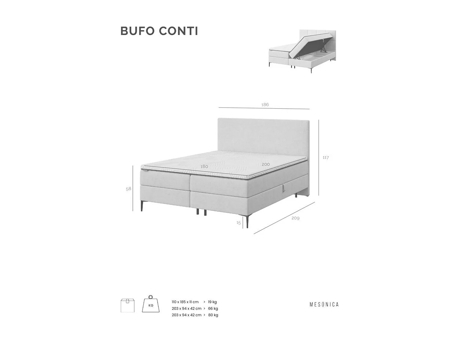 Mesonica Bufo Lit Continental, rayures beige 180x200, Surmatelas 180x200 h: 5 cm