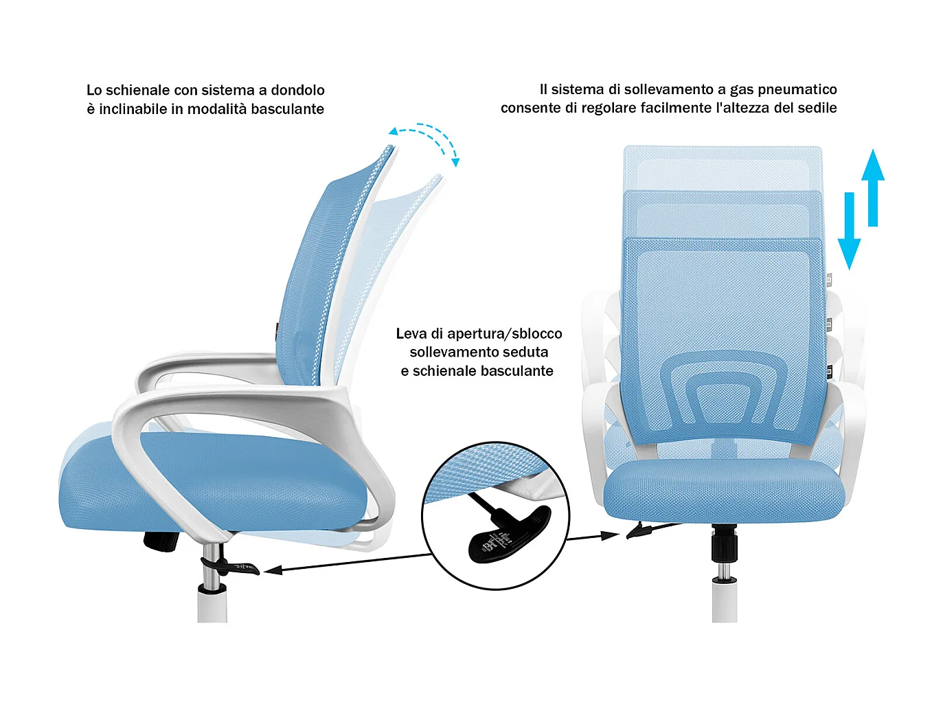 Sedia da ufficio ergonomica girevole azzurra – Happy