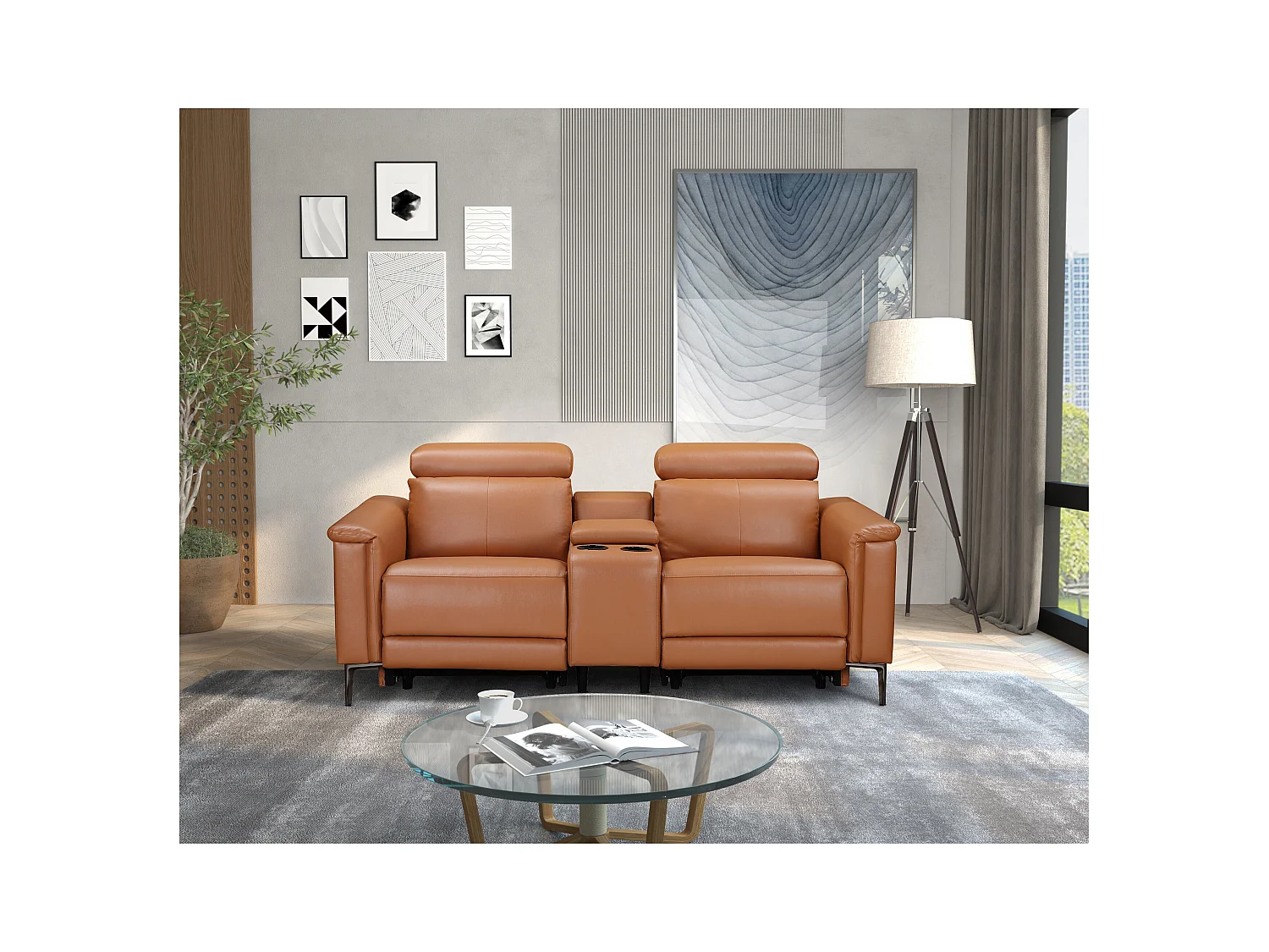 Lund | Poltrona reclinabile doppia con funzione manuale in PU color cognac