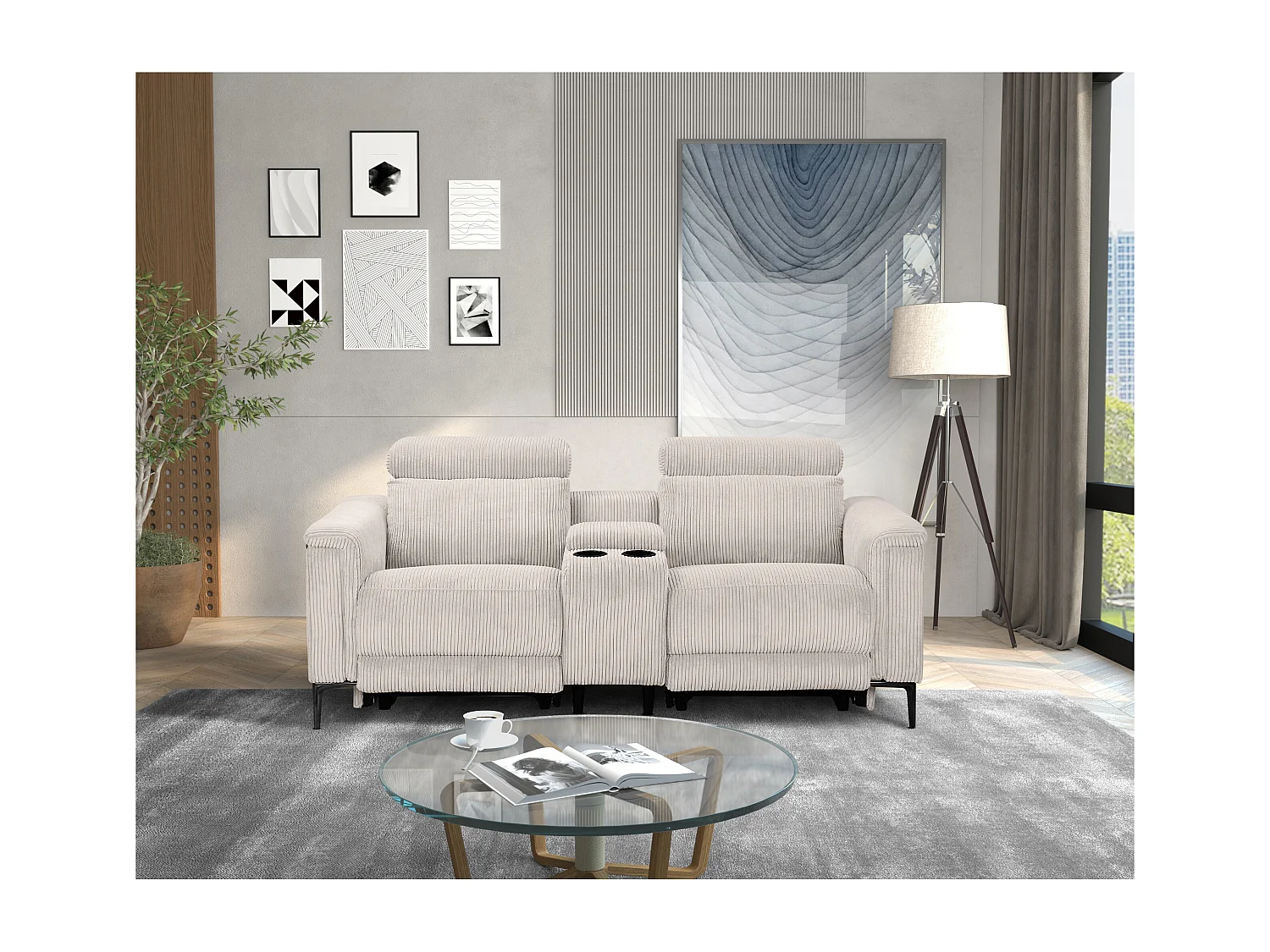 Lund | Fauteuil inclinable double avec fonction électrique en velours côtelé crème