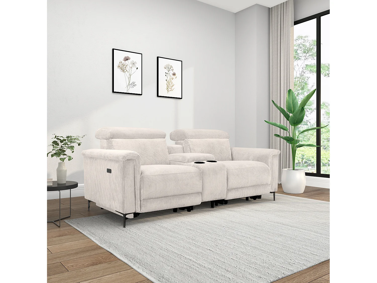 Lund | Fauteuil inclinable double avec fonction électrique en velours côtelé crème