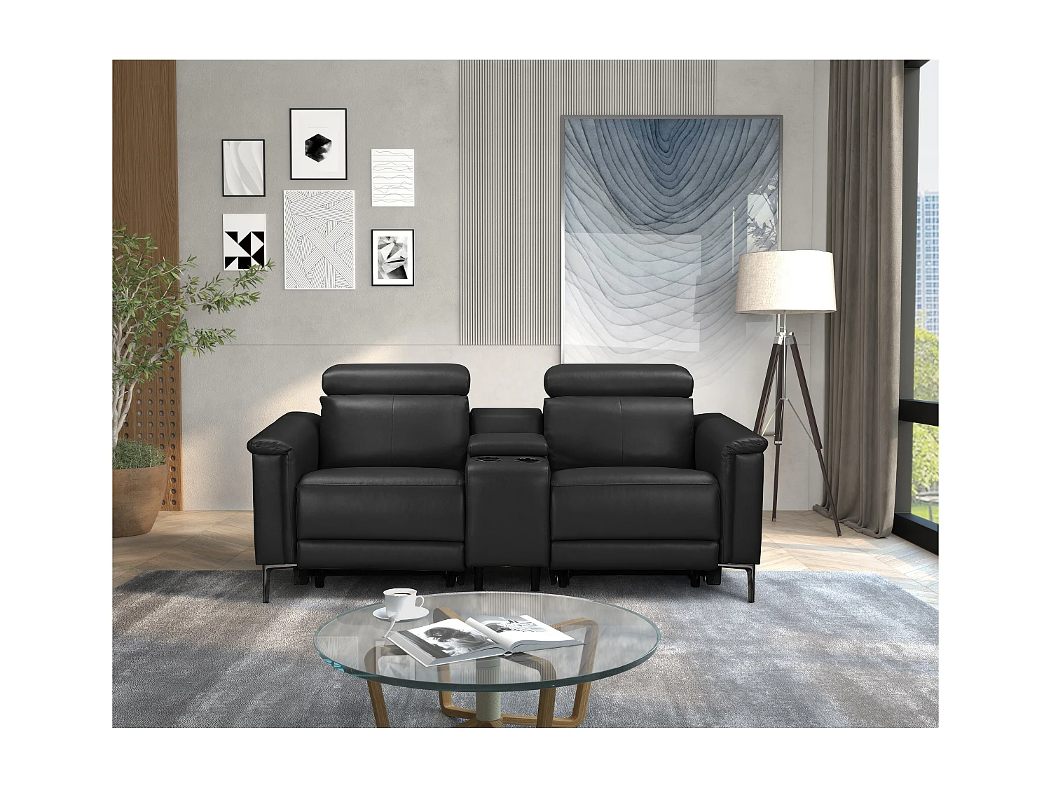 Lund | Fauteuil inclinable double avec fonction manuelle en cuir/PU noir