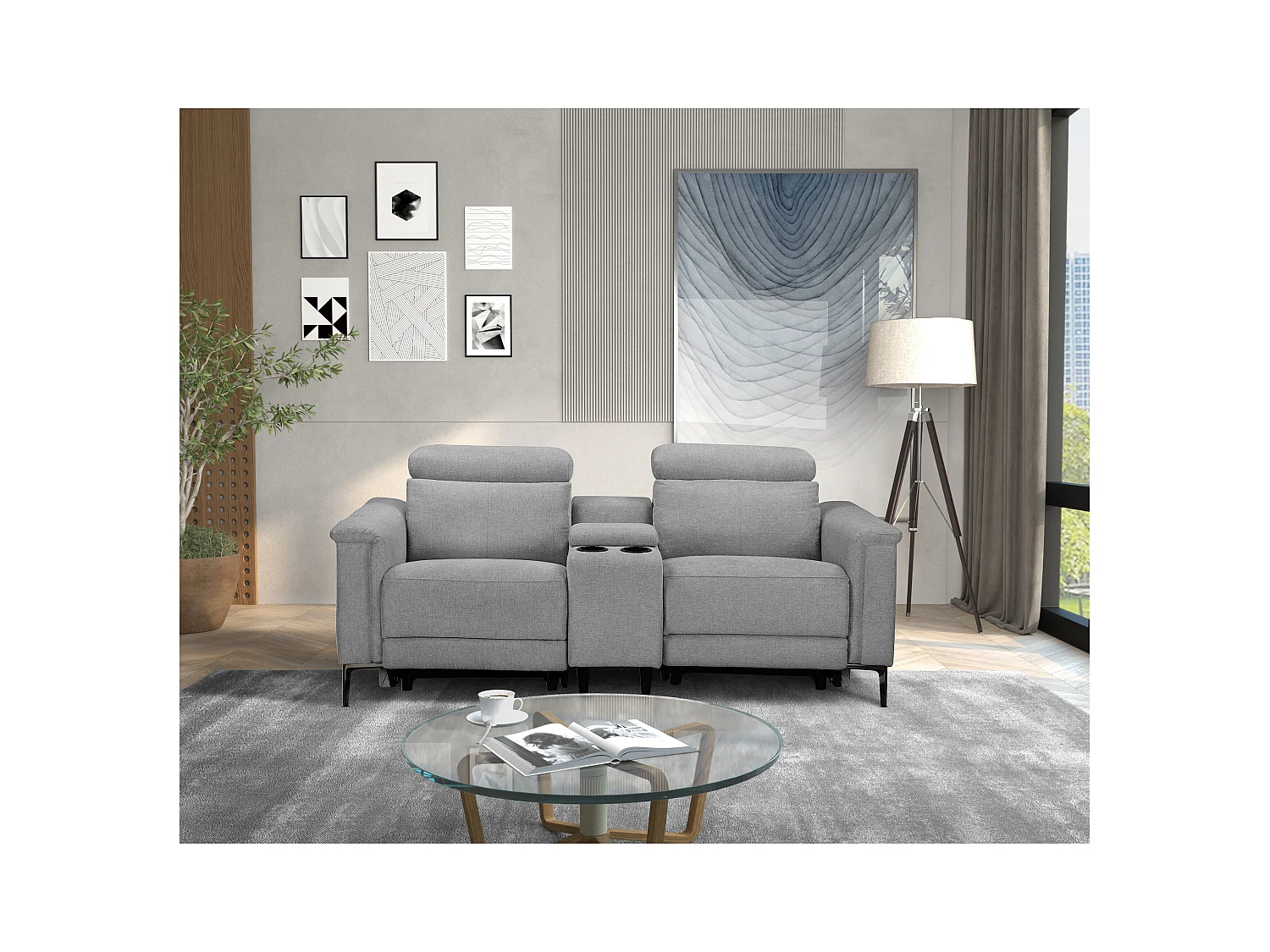 Lund | Dubbele relaxfauteuil met handmatige functie in stof lichtgrijs