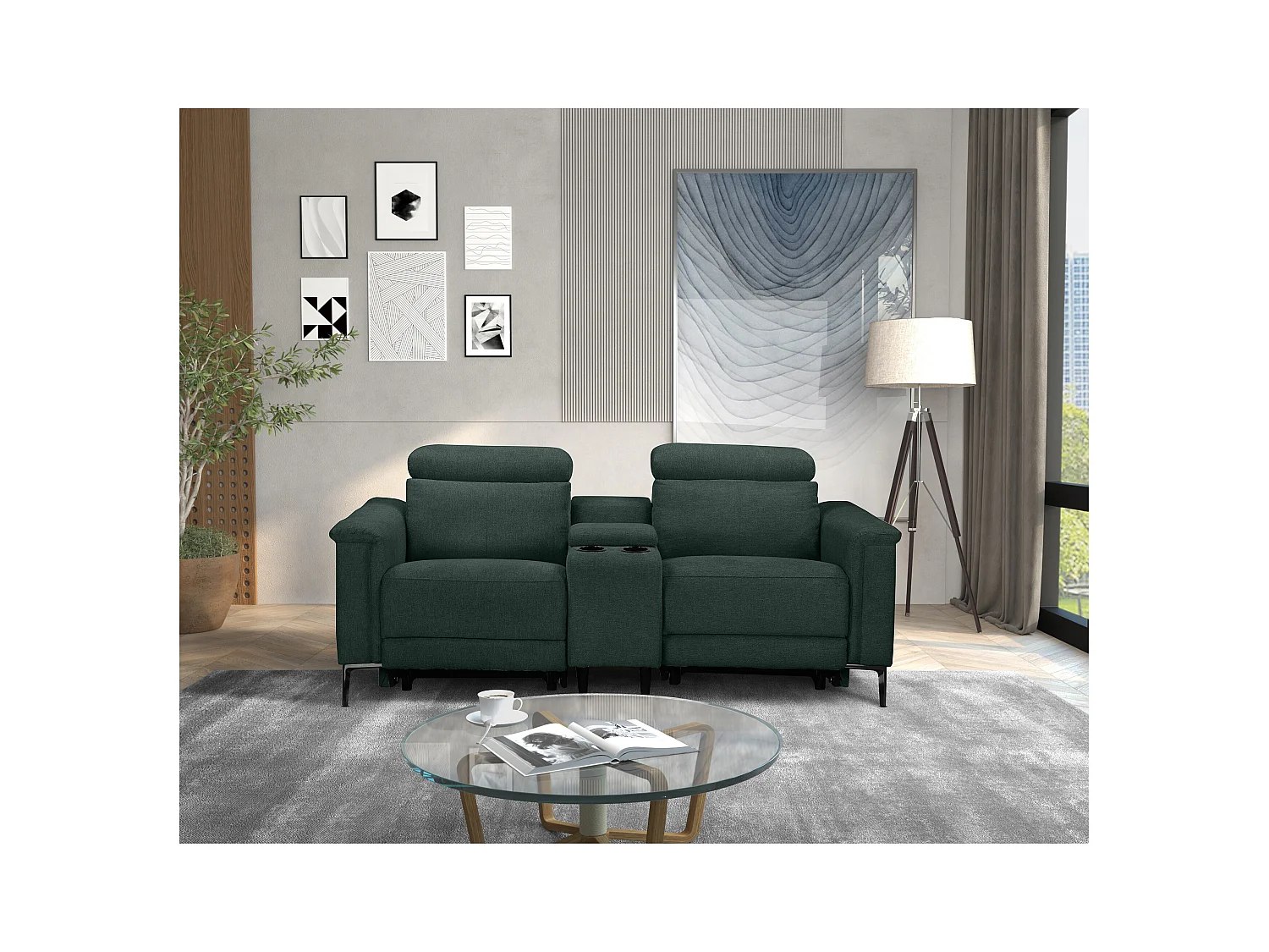 Lund | Poltrona reclinabile doppia con funzione manuale in tessuto verde scuro