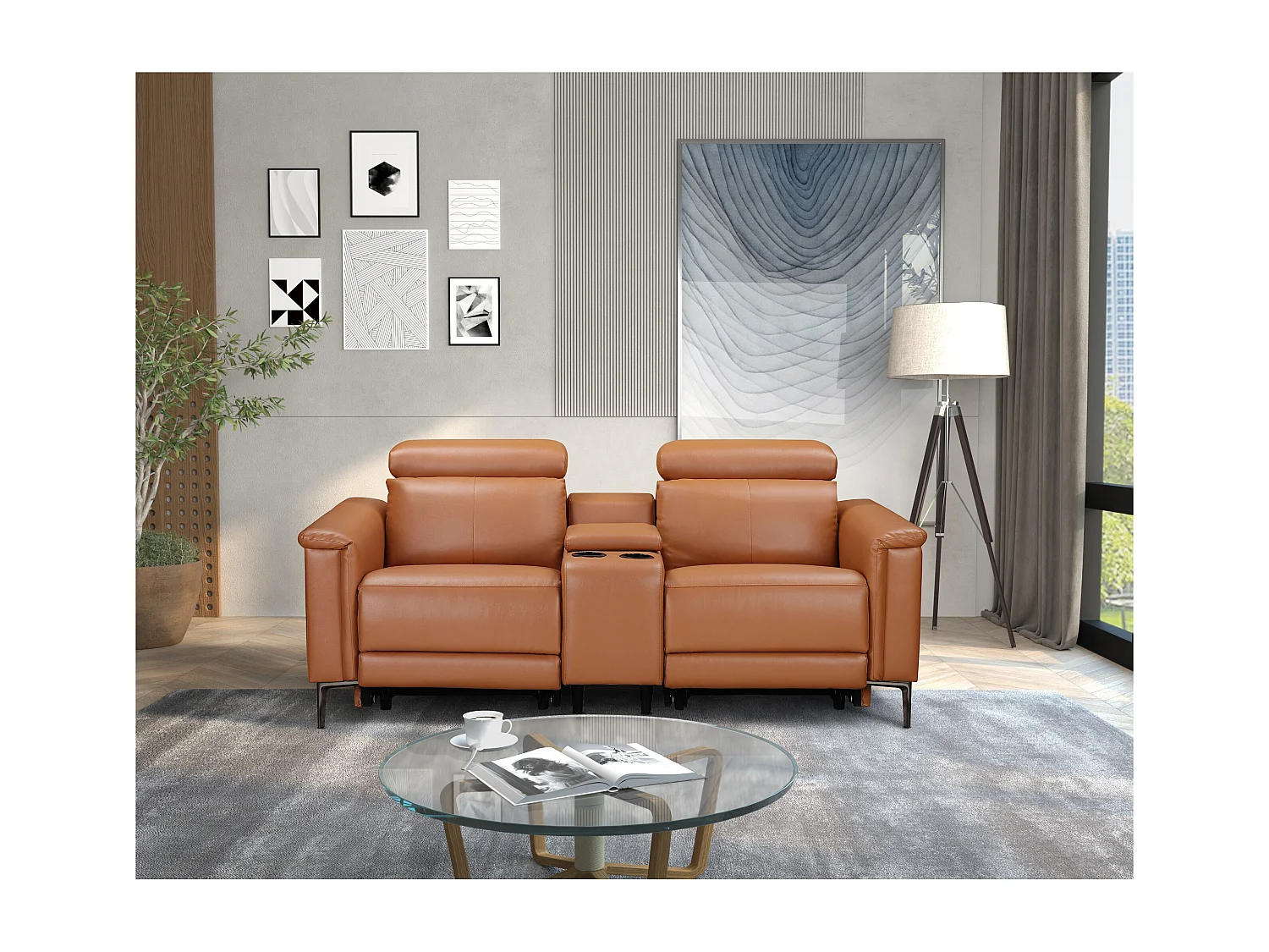 Lund | Fauteuil inclinable double avec fonction manuelle en cuir/PU cognac