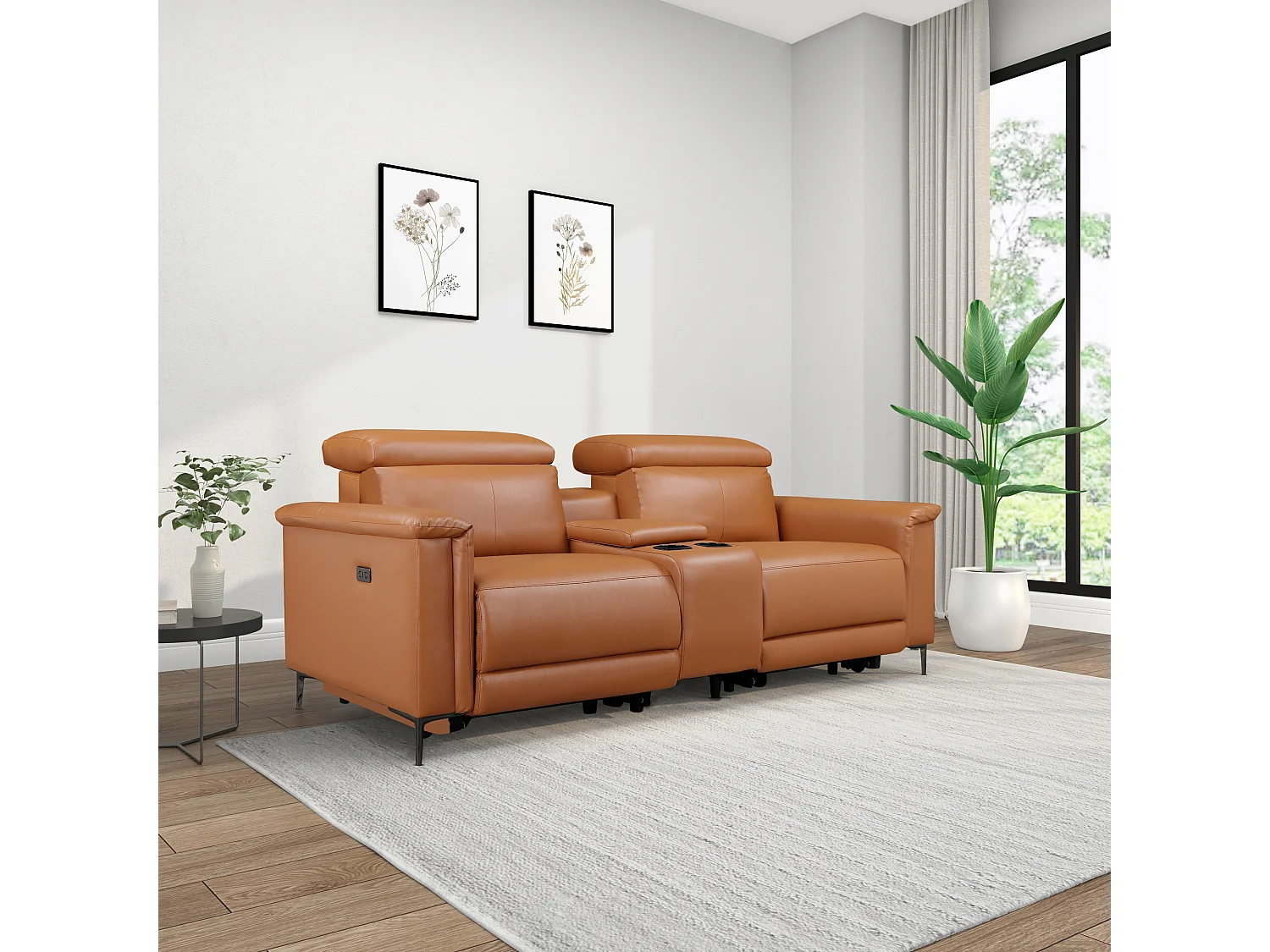 Lund | Fauteuil inclinable double avec fonction électrique en PU de couleur cognac
