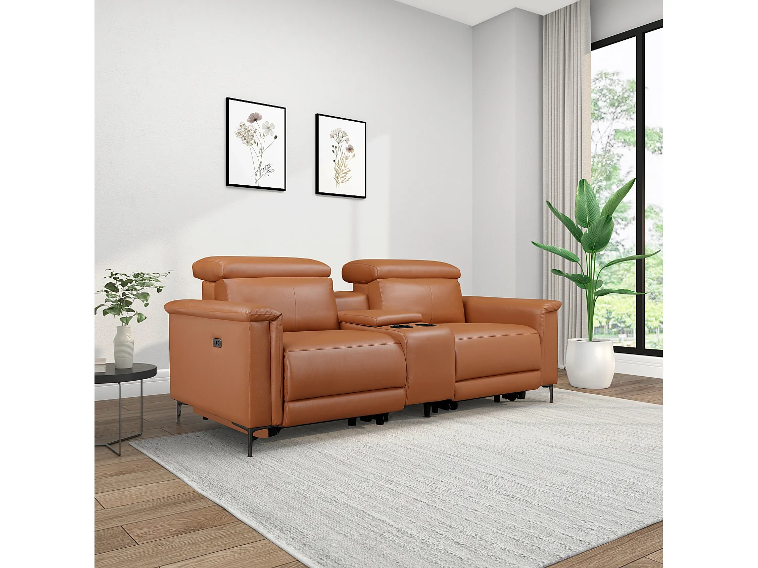 Lund | Fauteuil inclinable double avec fonction électrique en cuir/PU cognac