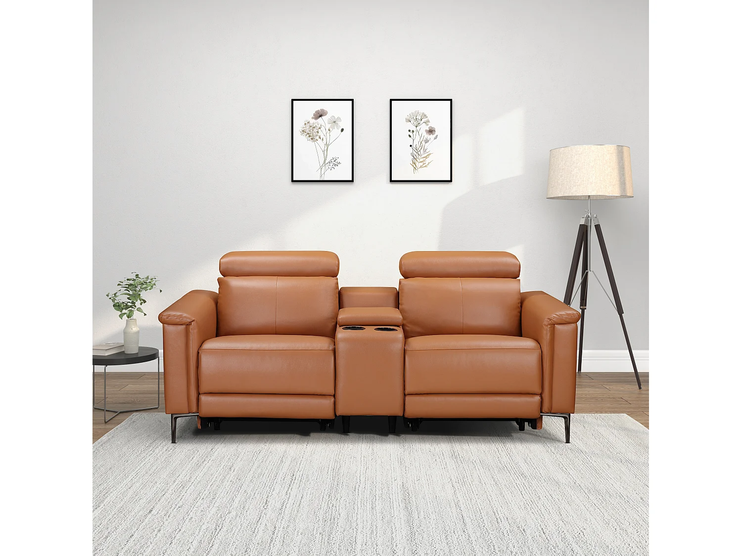 Lund | Fauteuil inclinable double avec fonction électrique en cuir/PU cognac