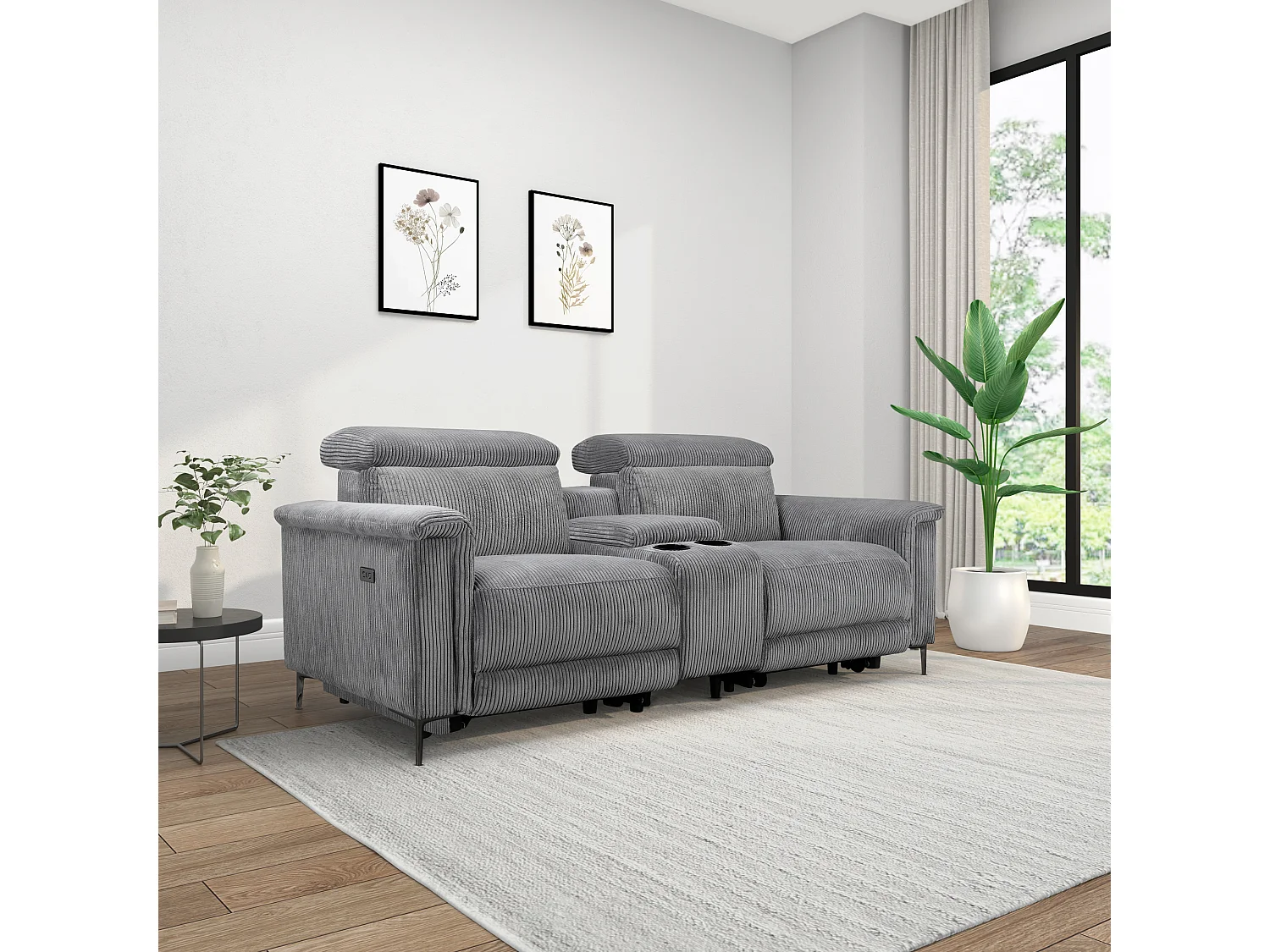 Lund | Fauteuil inclinable double avec fonction électrique en velours côtelé gris