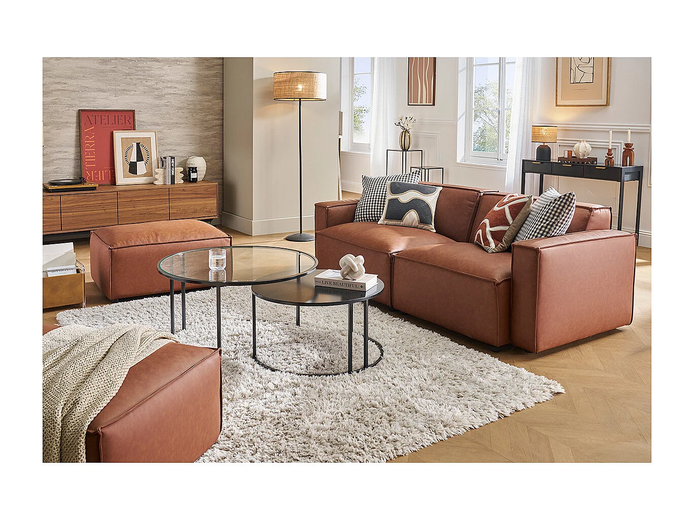 Module d'angle gauche pour canapé en cuir marron SPLIT