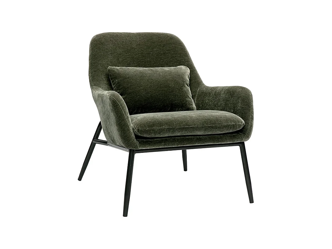 Fauteuil design en tissu effet velours vert kaki et métal noir MAXINE