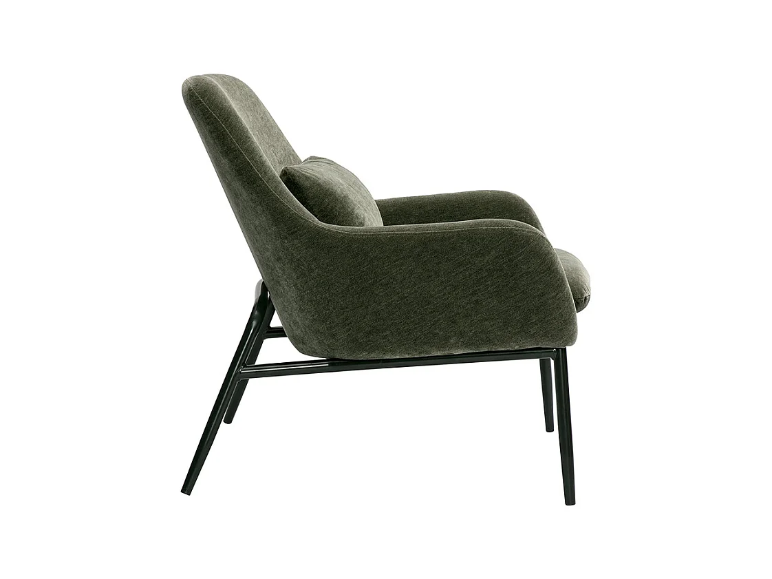 Fauteuil design en tissu effet velours vert kaki et métal noir MAXINE