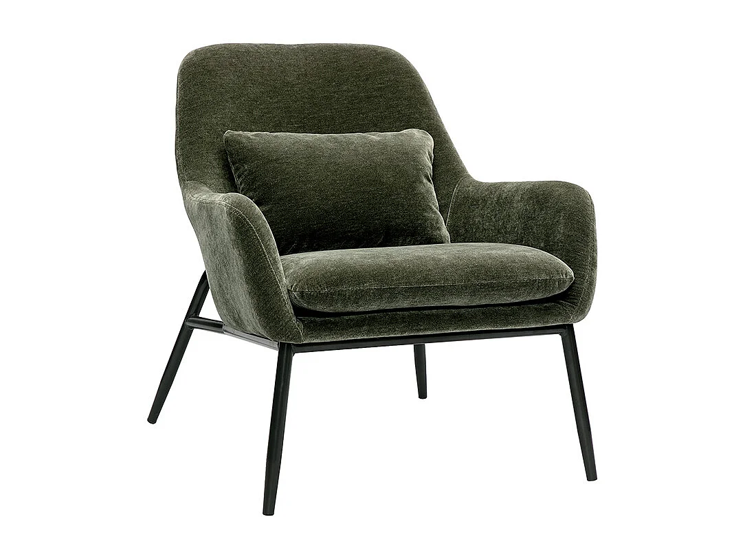 Fauteuil design en tissu effet velours vert kaki et métal noir MAXINE