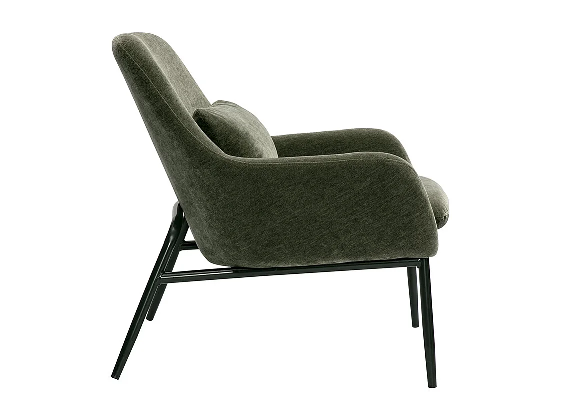 Fauteuil design en tissu effet velours vert kaki et métal noir MAXINE