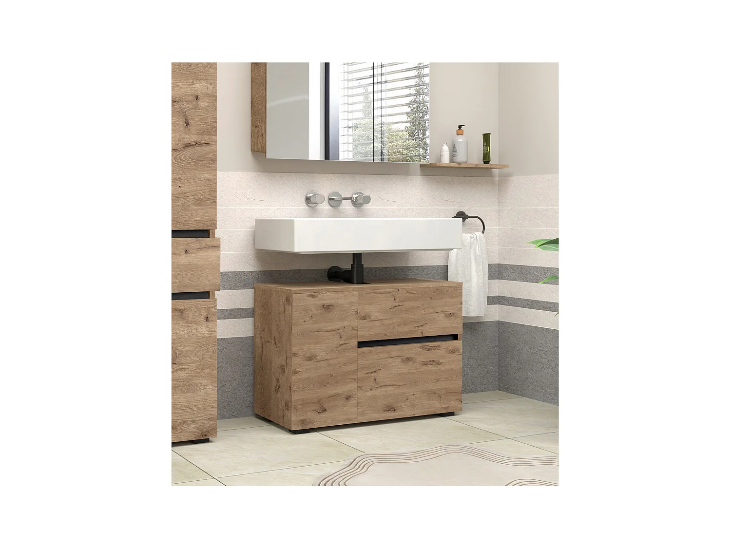 Wisla  | Meuble évier avec 1 porte et 1 tiroir 1 abattant aspect chêne