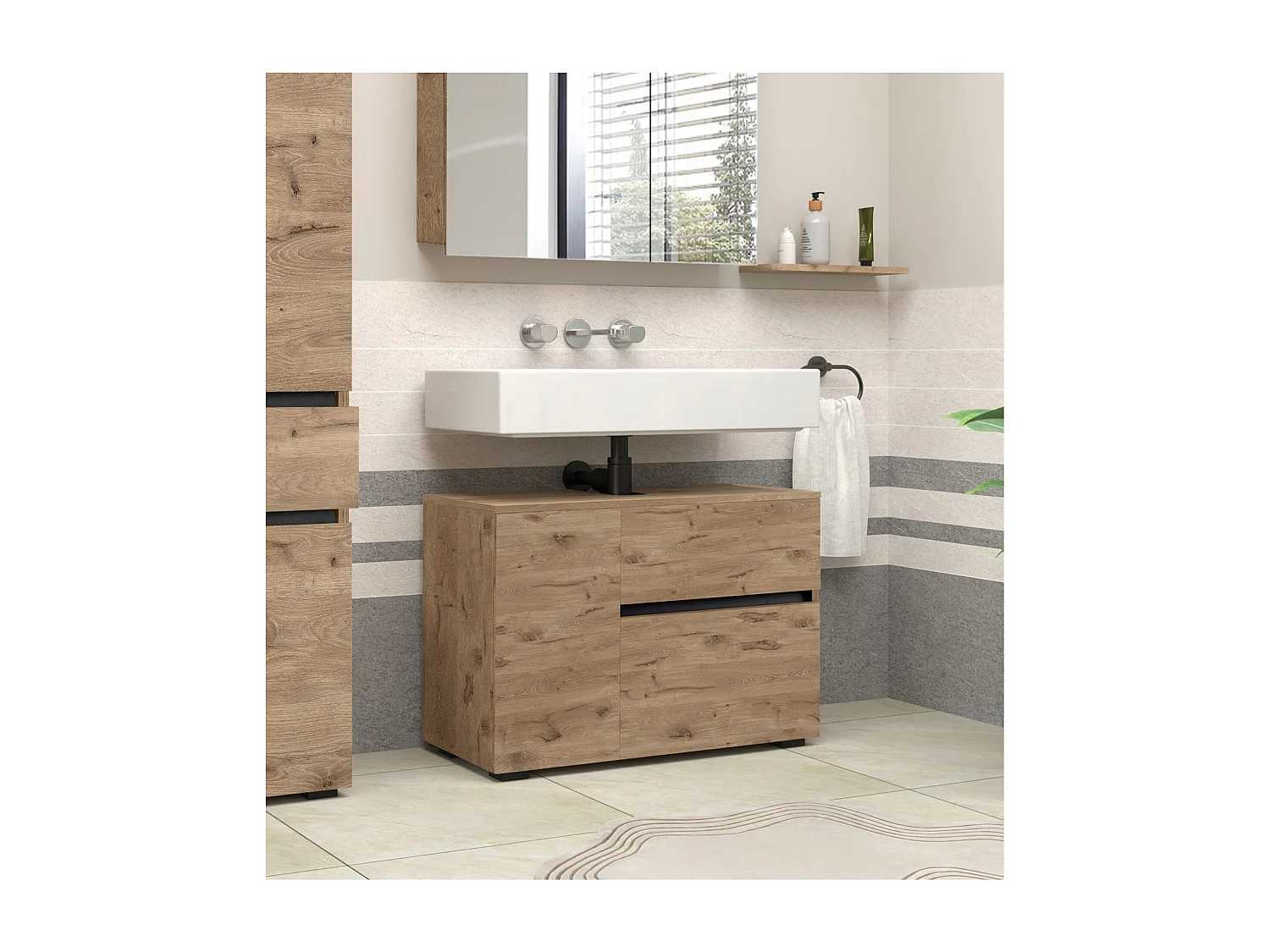 Wisla  | Armario de fregadero con 1 puerta y 1 cajón y 1 solapa en aspecto de roble