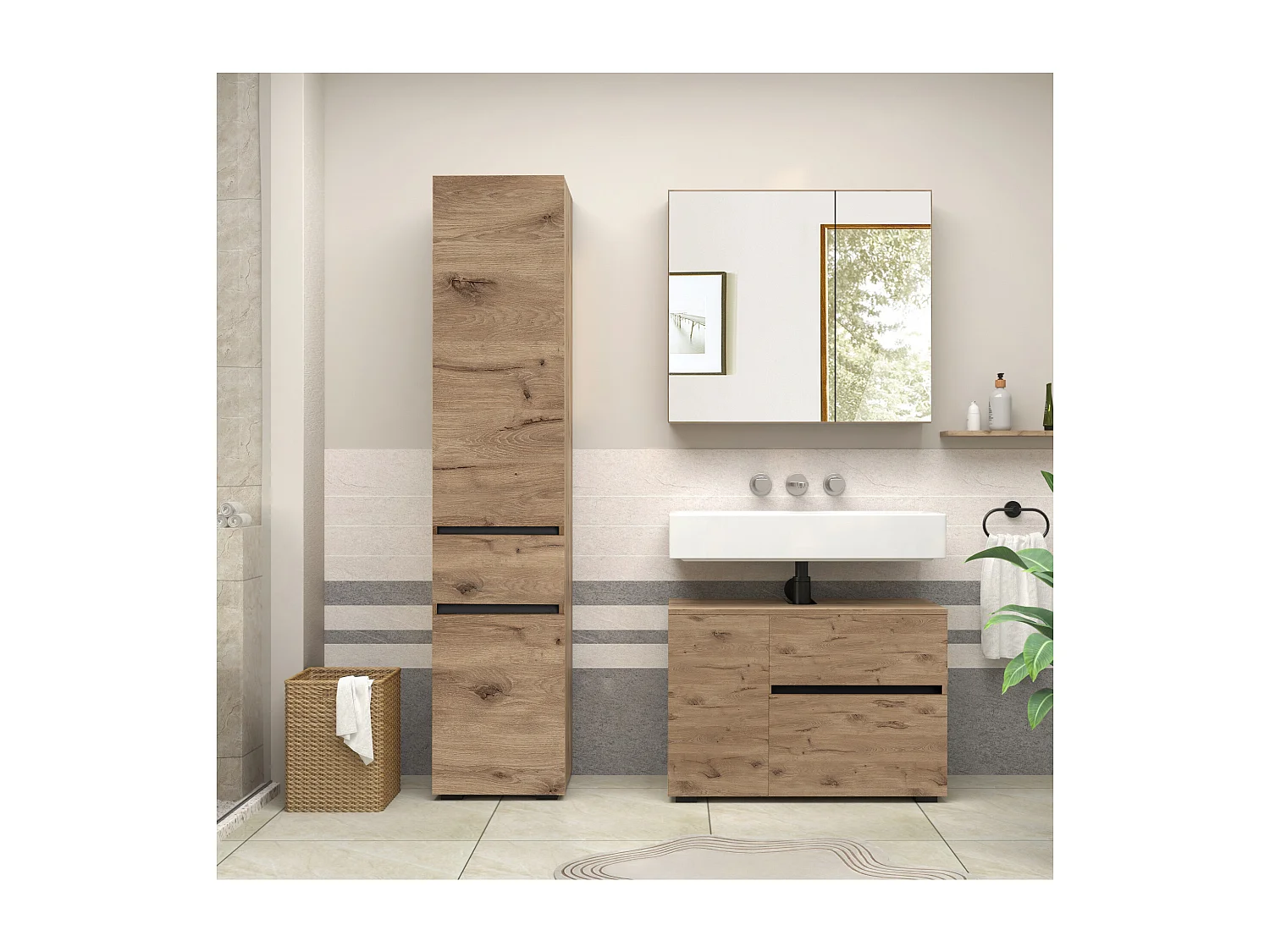 Wisla  | Meuble évier avec 1 porte et 1 tiroir 1 abattant aspect chêne