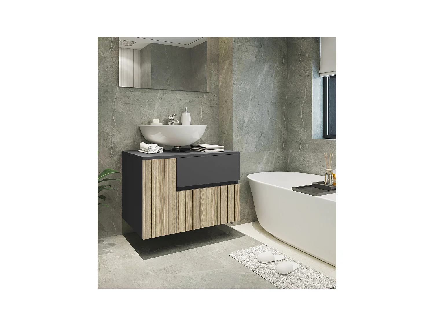 Wisla  | Meuble évier avec 1 porte et 1 tiroir 1 abattant aspect chêne