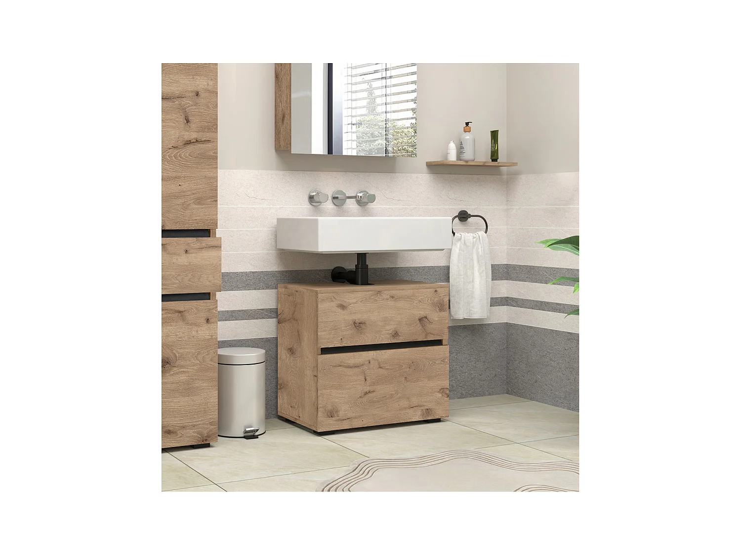 Wisla  | Armoire évier avec 1 porte à rabat et 1 tiroir aspect chêne