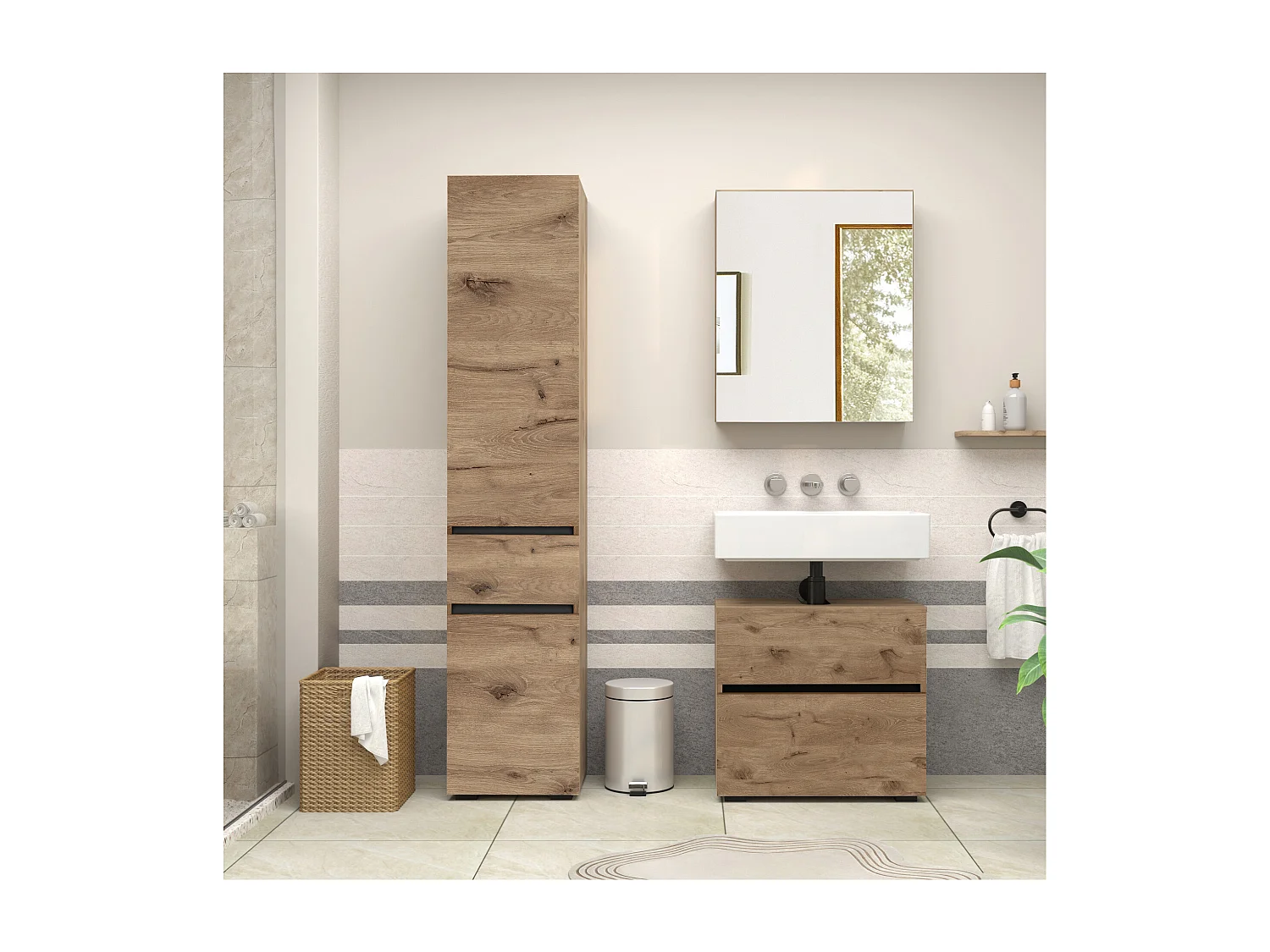 Wisla  | Armoire évier avec 1 porte à rabat et 1 tiroir aspect chêne