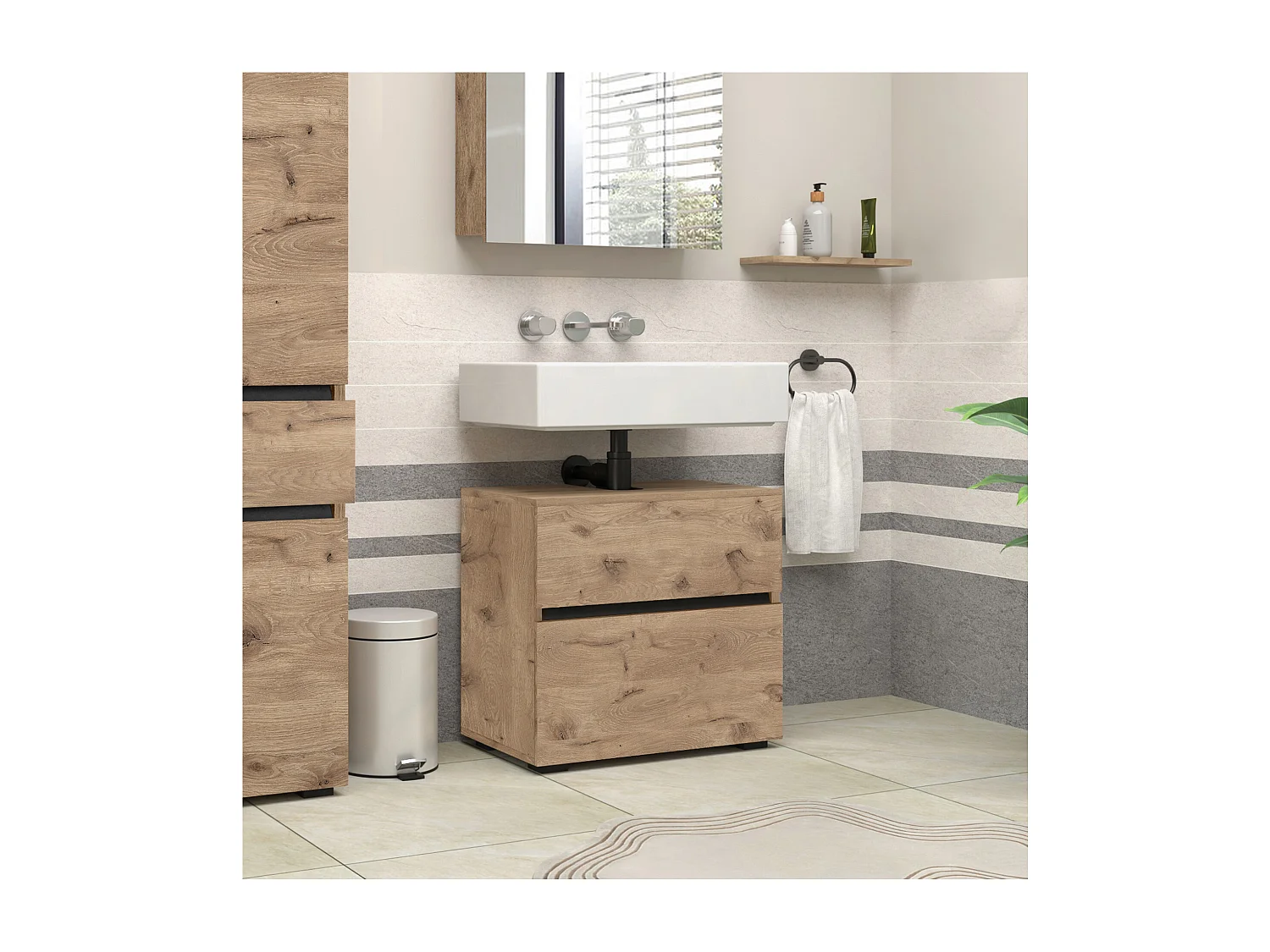 Wisla  | Armoire évier avec 1 porte à rabat et 1 tiroir aspect chêne