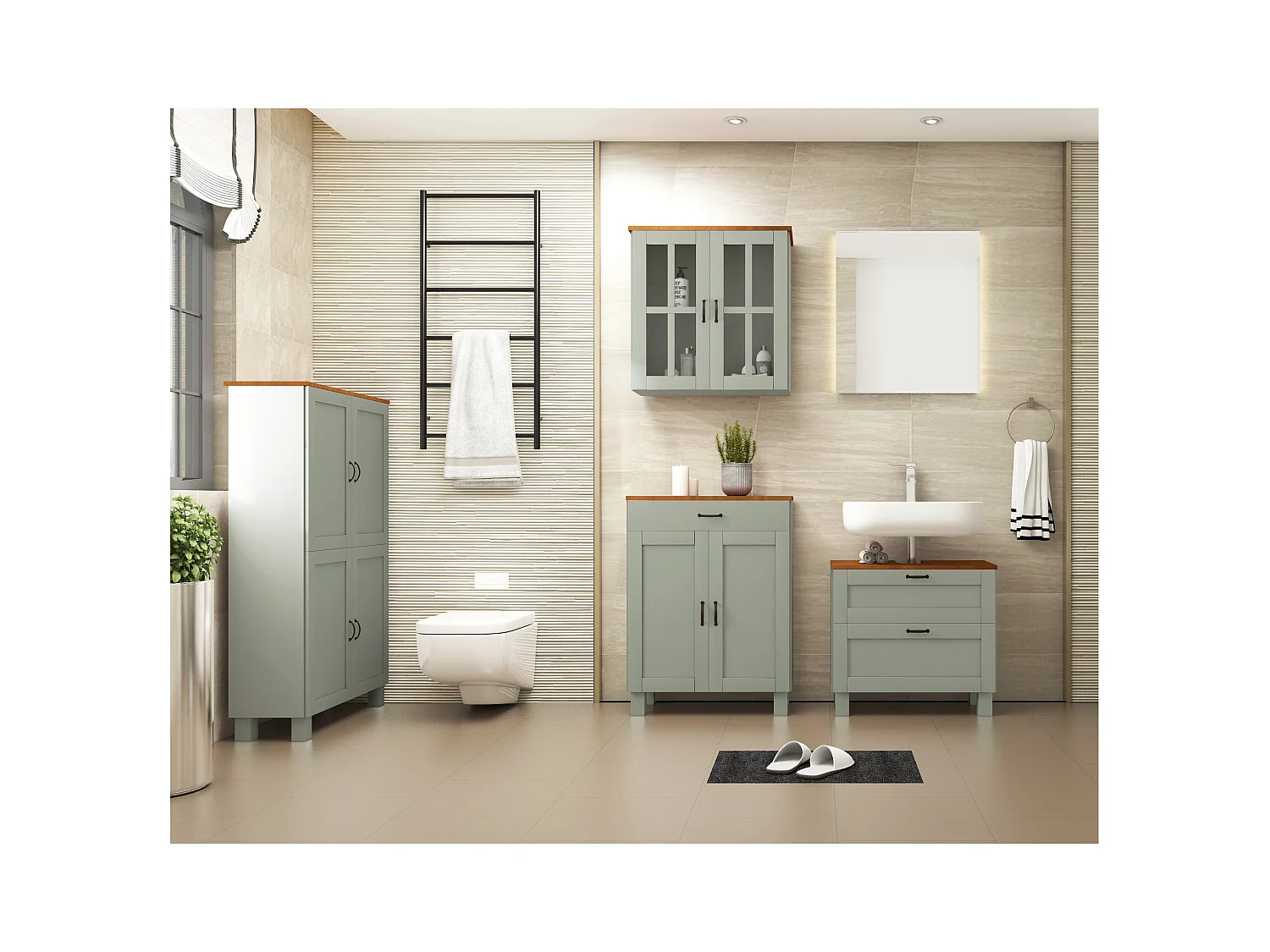 Alby | Armario de fregadero con 1 puerta abatible y 1 cajón en aspecto verde madera