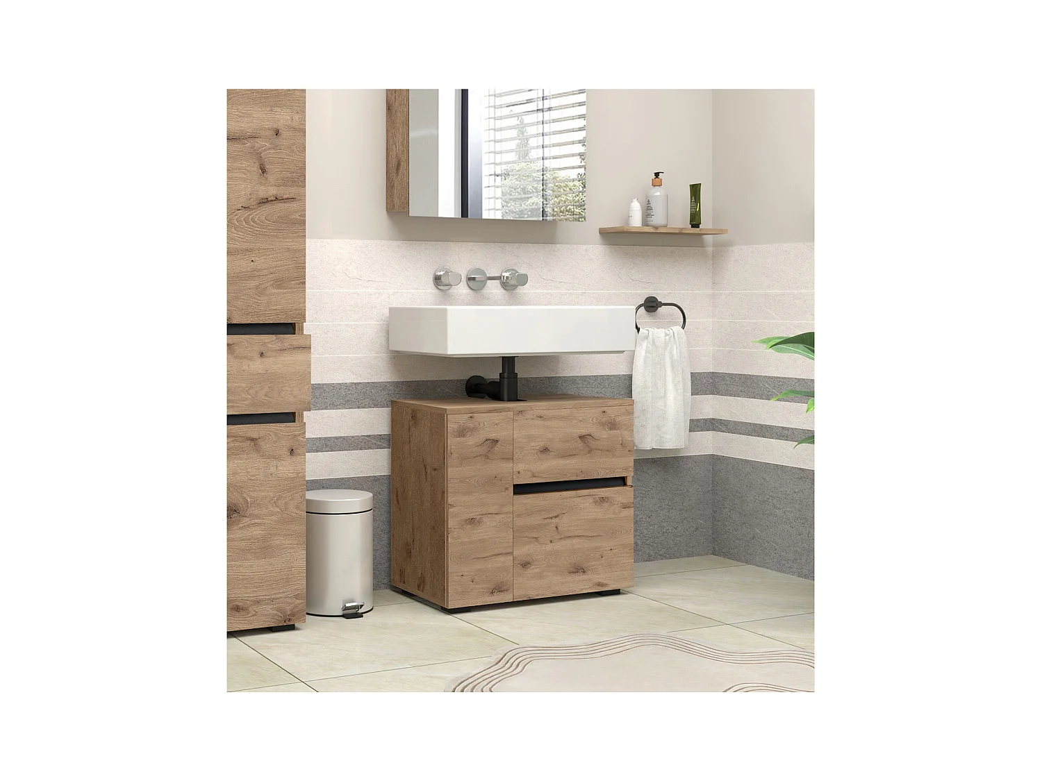 Wisla  | Meuble évier avec 1 porte et 1 tiroir 1 abattant aspect chêne