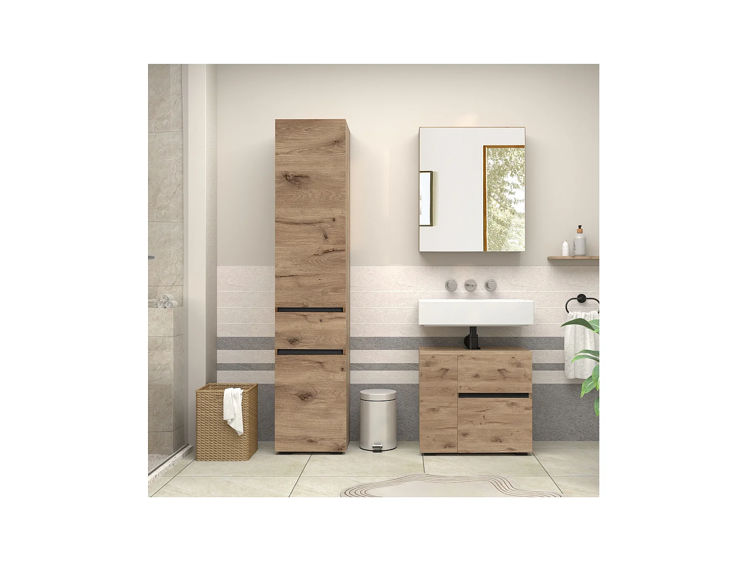 Wisla  | Meuble évier avec 1 porte et 1 tiroir 1 abattant aspect chêne