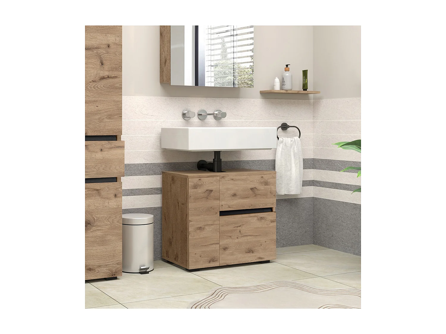 Wisla  | Meuble évier avec 1 porte et 1 tiroir 1 abattant aspect chêne