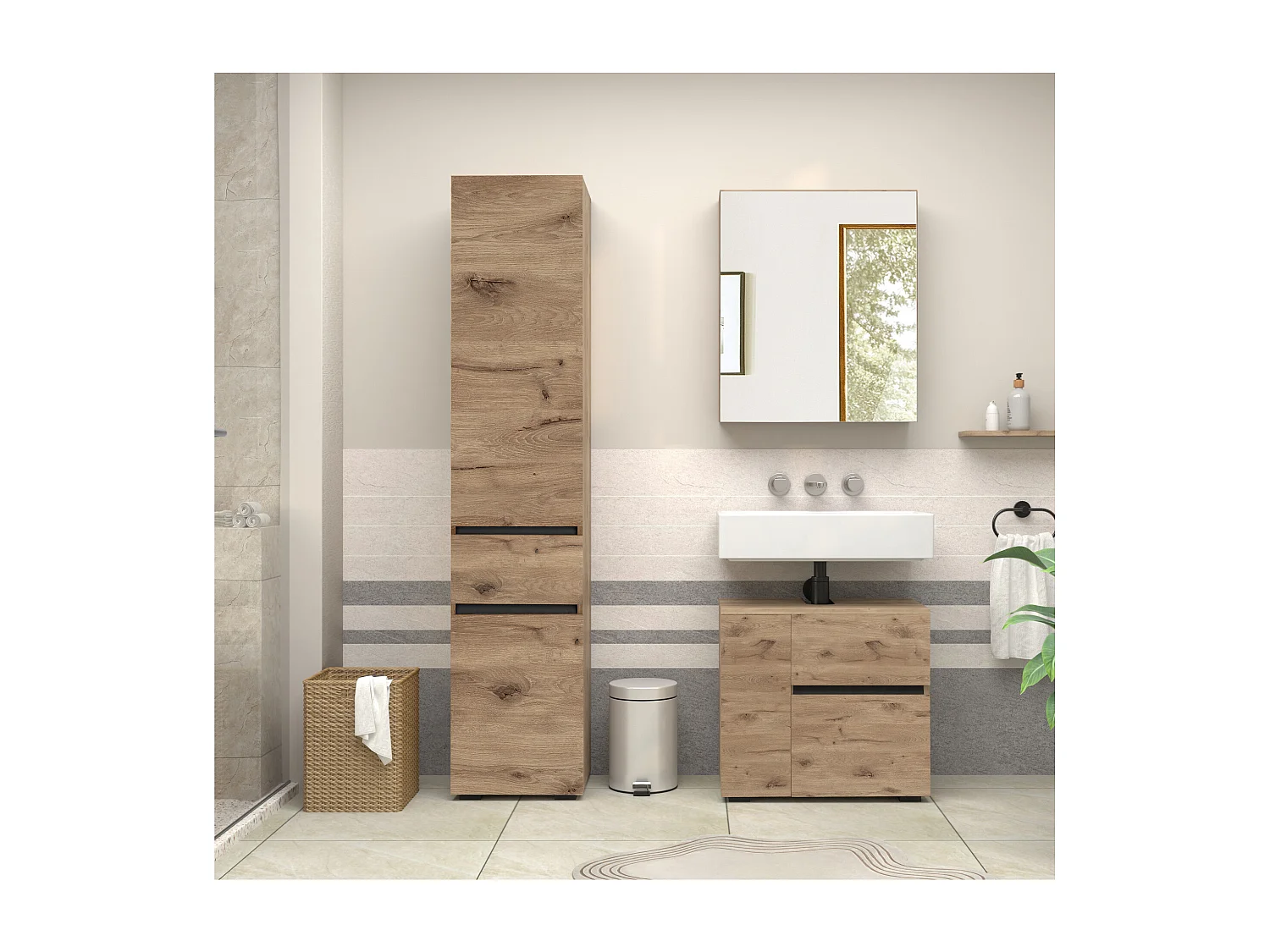 Wisla  | Meuble évier avec 1 porte et 1 tiroir 1 abattant aspect chêne