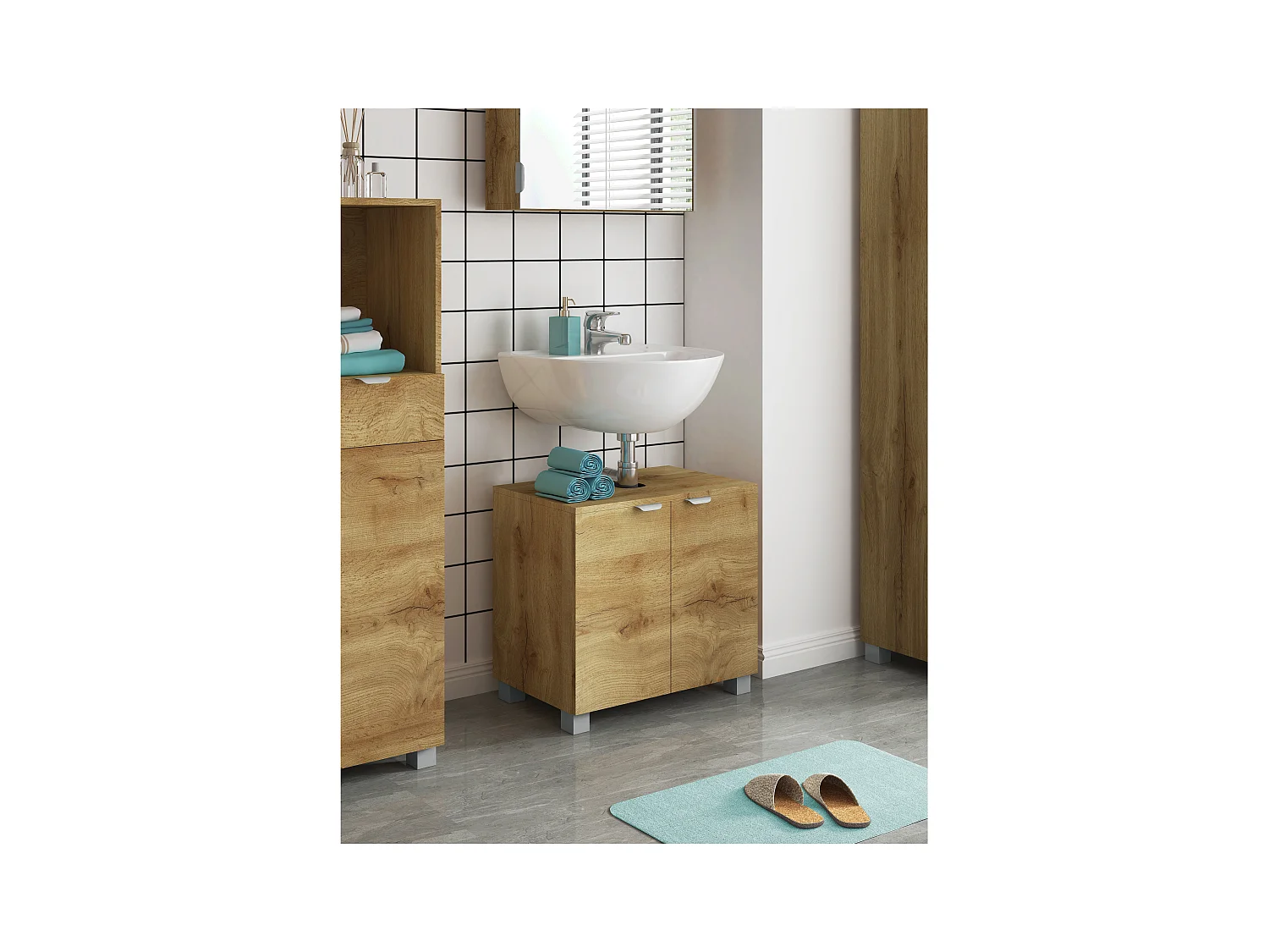 Atlas | Armoire évier avec 2 portes en aspect chêne