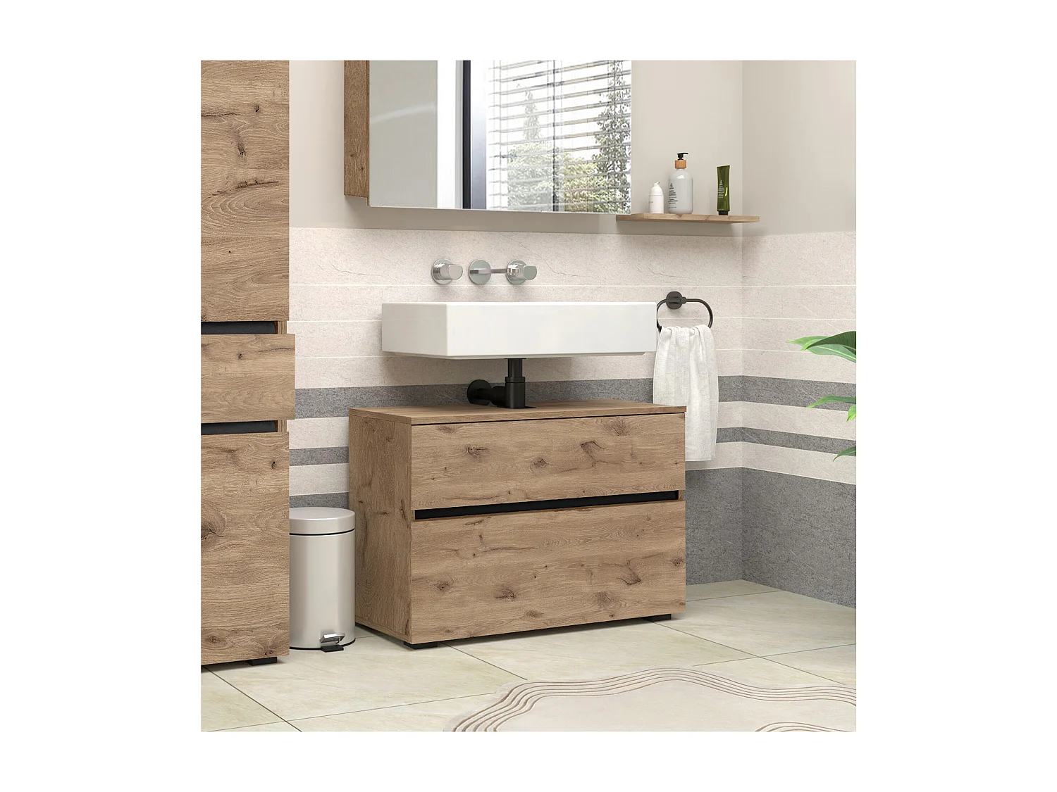 Wisla  | Armoire évier avec 1 porte à rabat et 1 tiroir aspect chêne