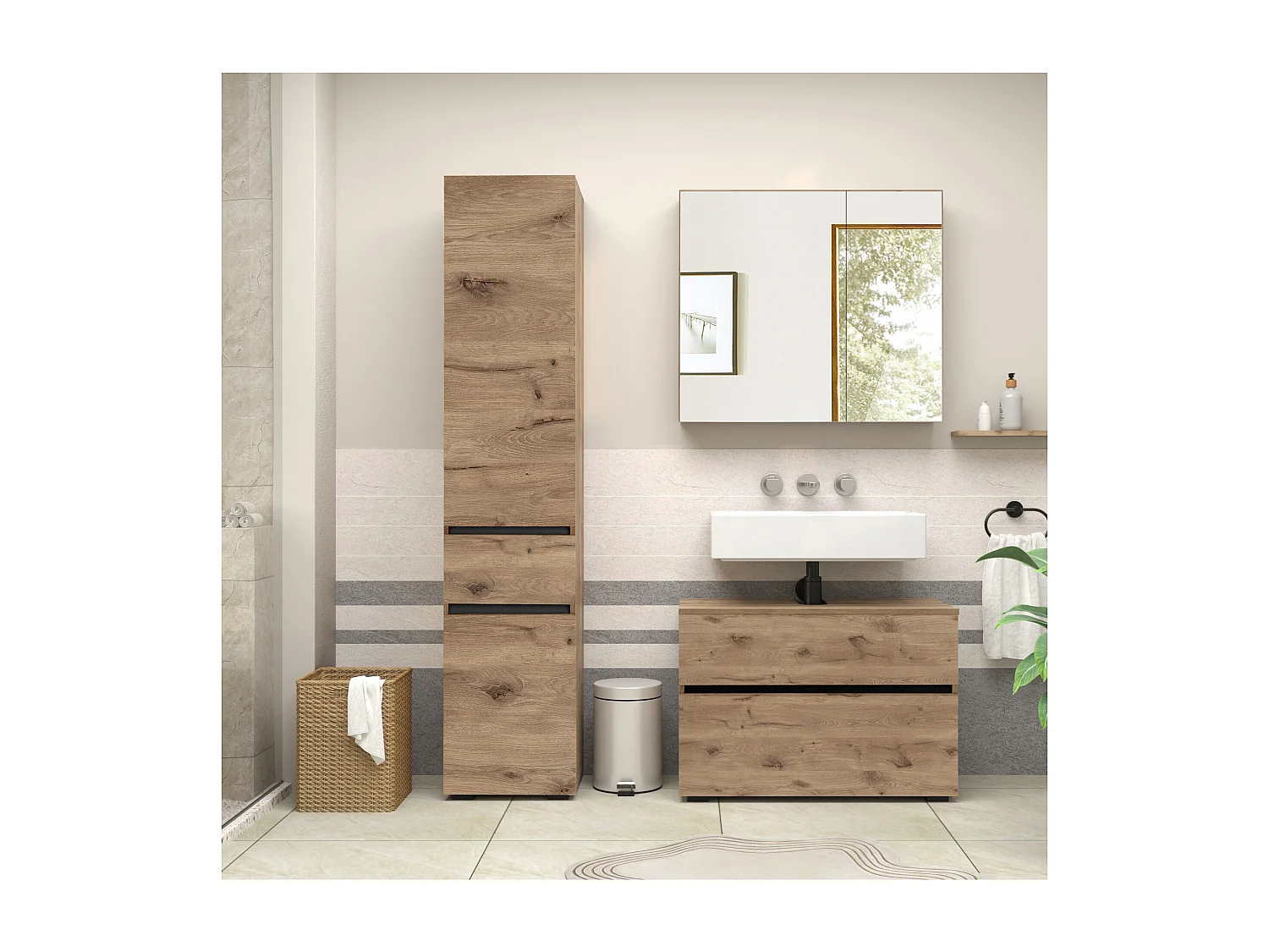 Wisla  | Armoire évier avec 1 porte à rabat et 1 tiroir aspect chêne