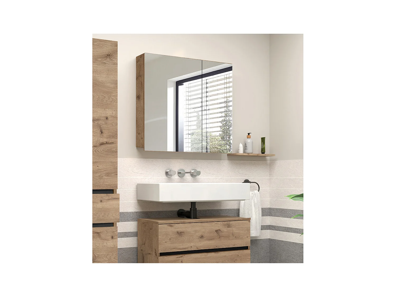 Wisla  | Meuble de toilette mural de salle de bain avec 2 portes en aspect chêne