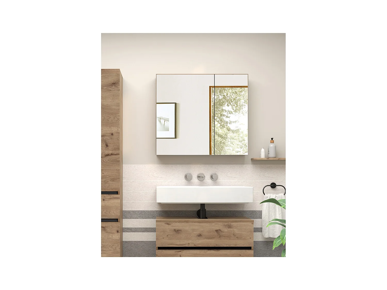 Wisla  | Meuble de toilette mural de salle de bain avec 2 portes en aspect chêne