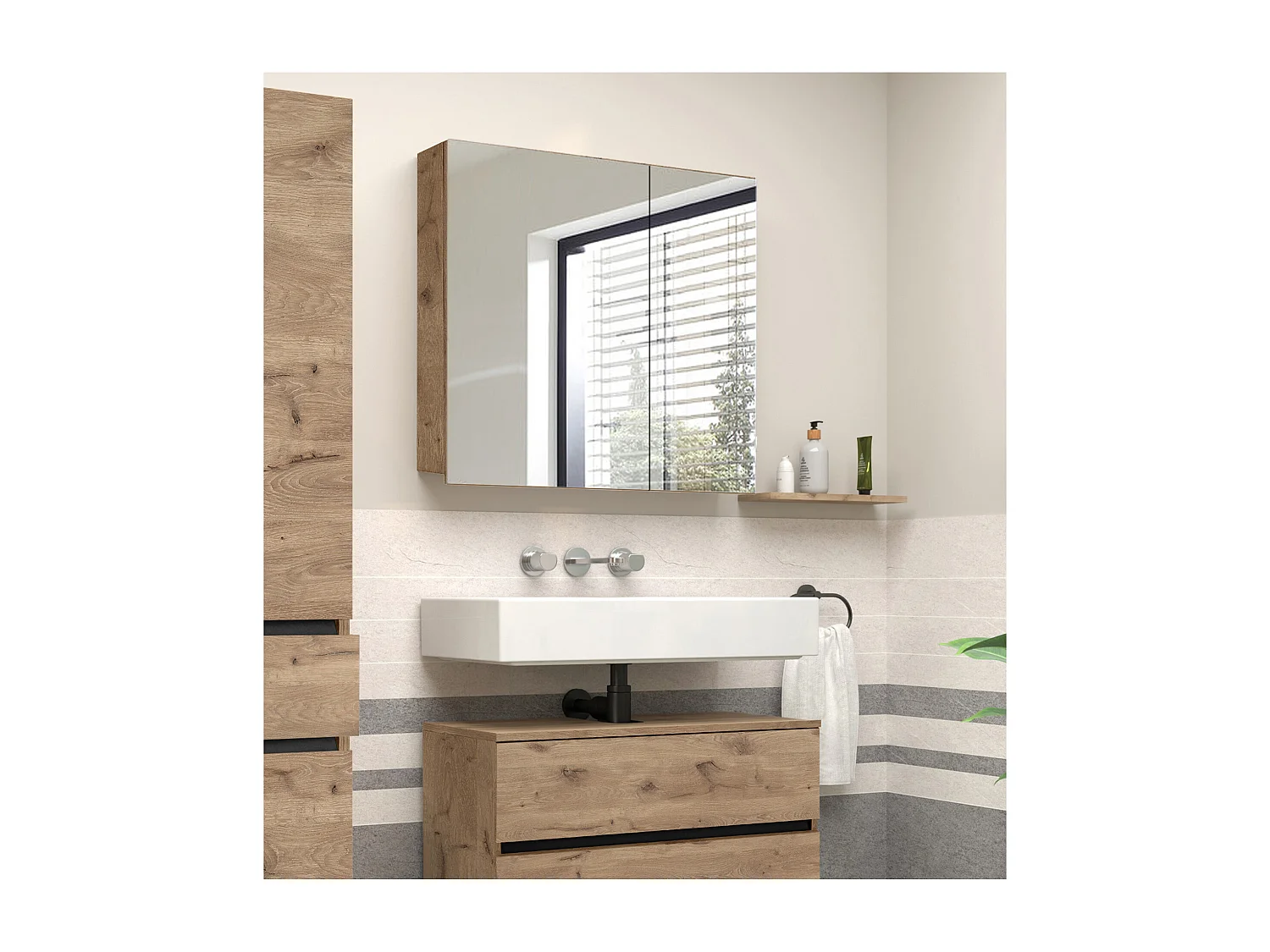 Wisla  | Meuble de toilette mural de salle de bain avec 2 portes en aspect chêne