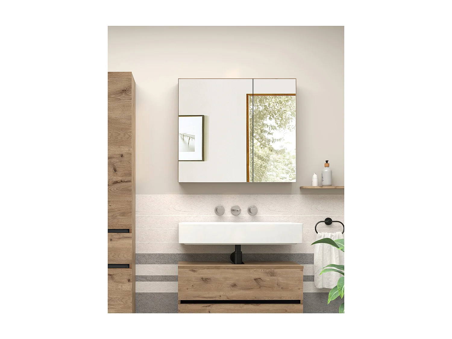 Wisla  | Meuble de toilette mural de salle de bain avec 2 portes en aspect chêne