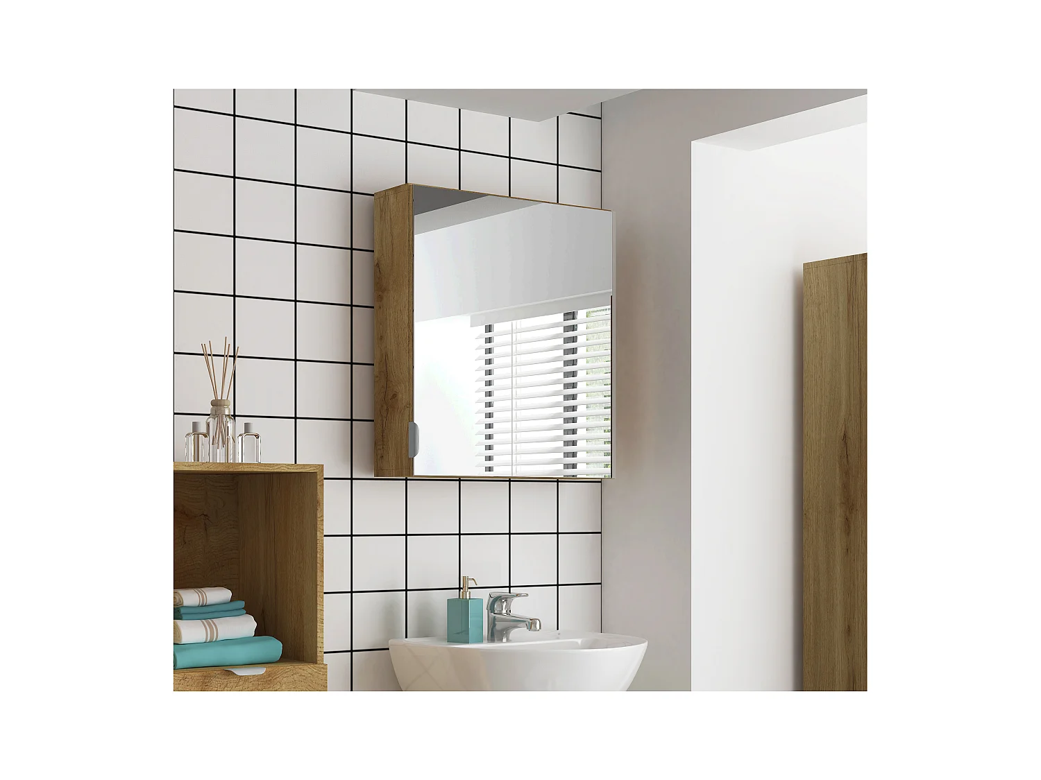 Atlas-Armoire de toilette murale avec miroir 1 porte aspect chêne