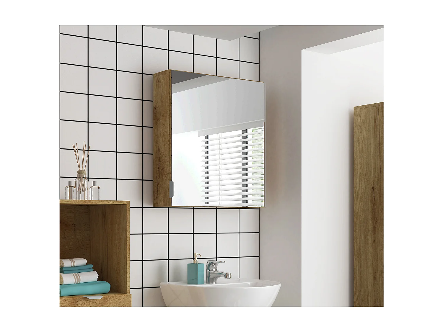 Atlas | Meuble de toilette mural de salle de bain avec 1 porte en aspect chêne