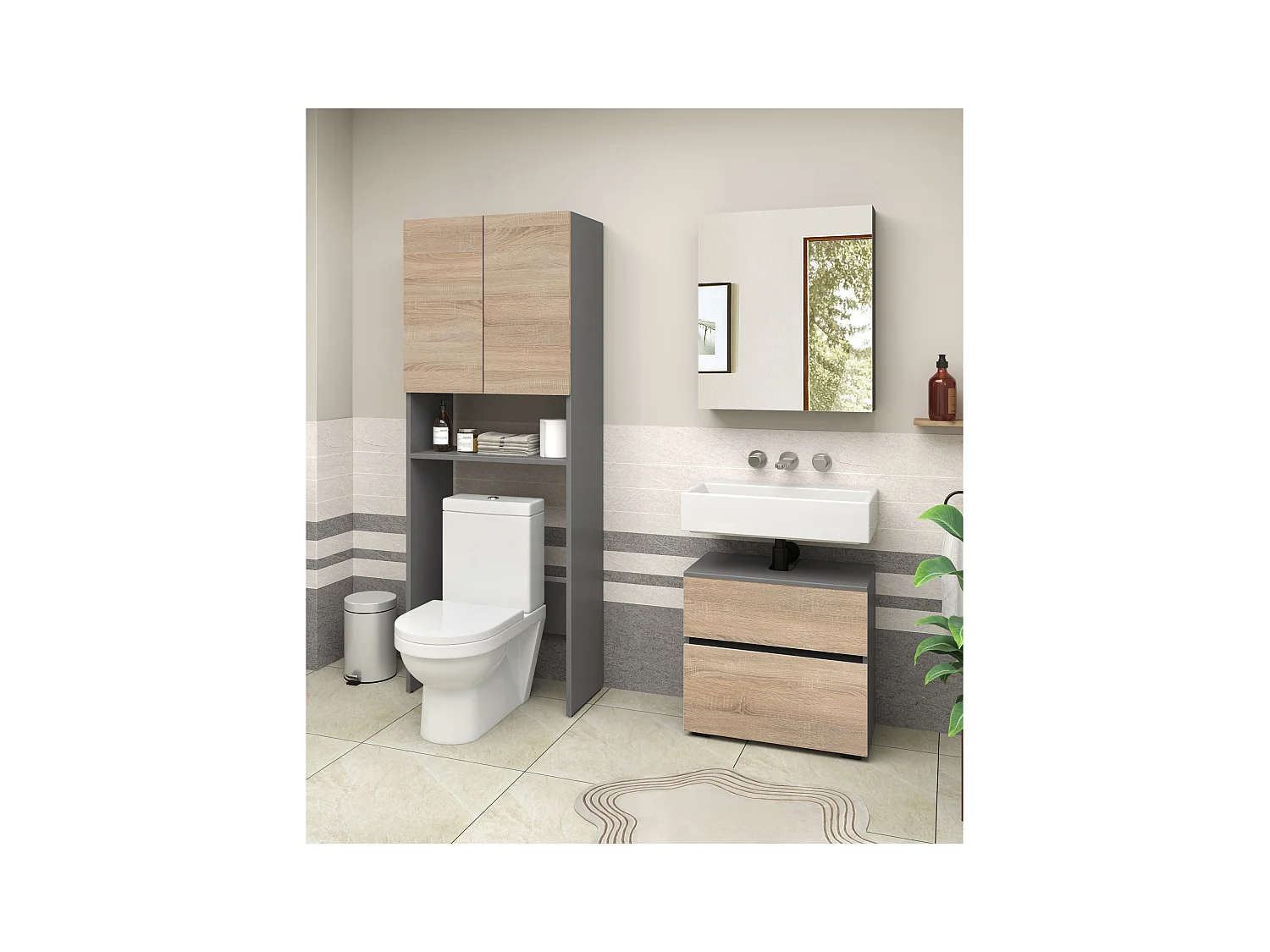 Wisla -Badkamerkast met 2 deuren 1 plank in eiken look antraciet