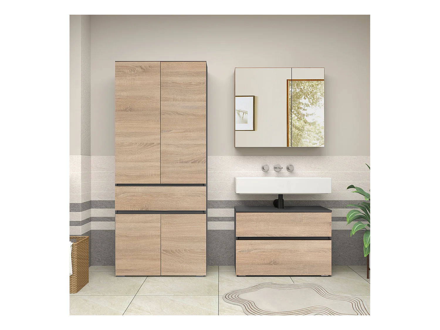 Wisla -Badkamerkast met 4 deuren 1 lade in eiken look antraciet